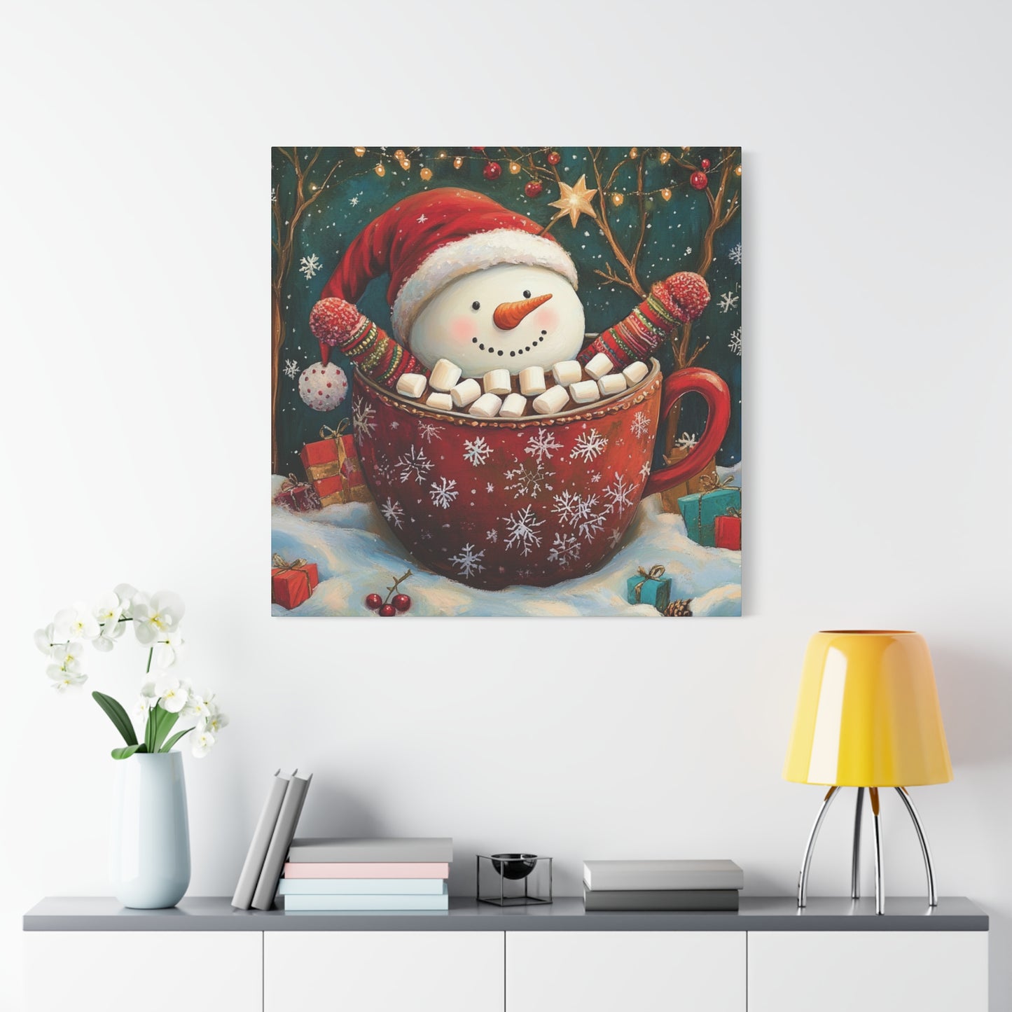 Cute Snowman Wall Art - Cozy Cocoa and Marshmallows Holiday Print, Joyful Christmas Canvas - Snowman Sipping Cocoa with Marshmallows