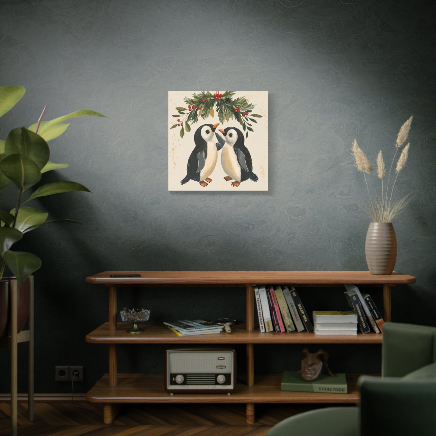 Adorable Christmas Wall Art: Penguins' Awkward Mistletoe Moment, Cute Cartoon Penguins Under Mistletoe - Funny Christmas Canvas Wall Art