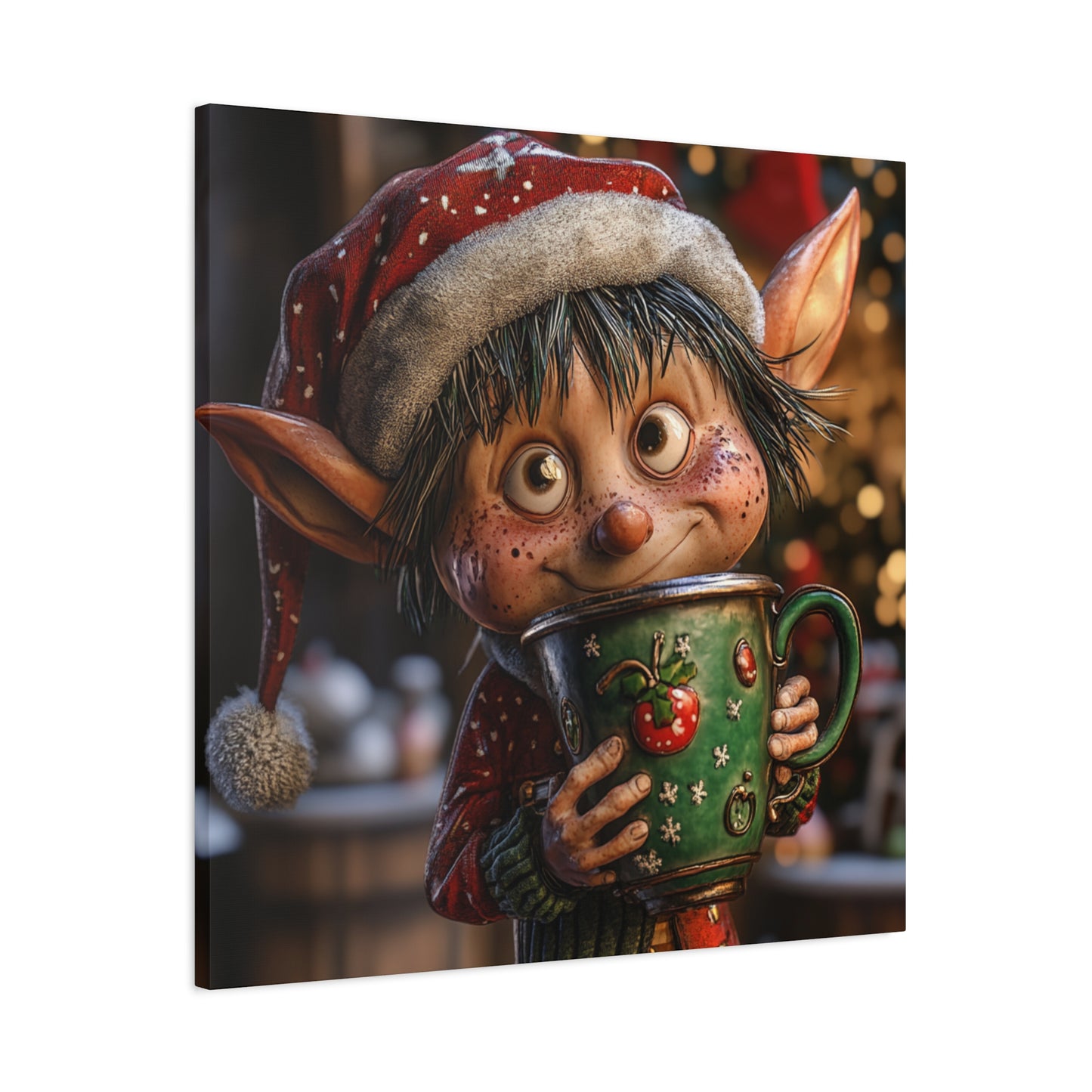 Whimsical Christmas Elf Wall Art - Cheerful Coffee-Loving Decor for the Holidays,Festive Canvas Art,Humorous Xmas Elf with Giant Coffee Mug