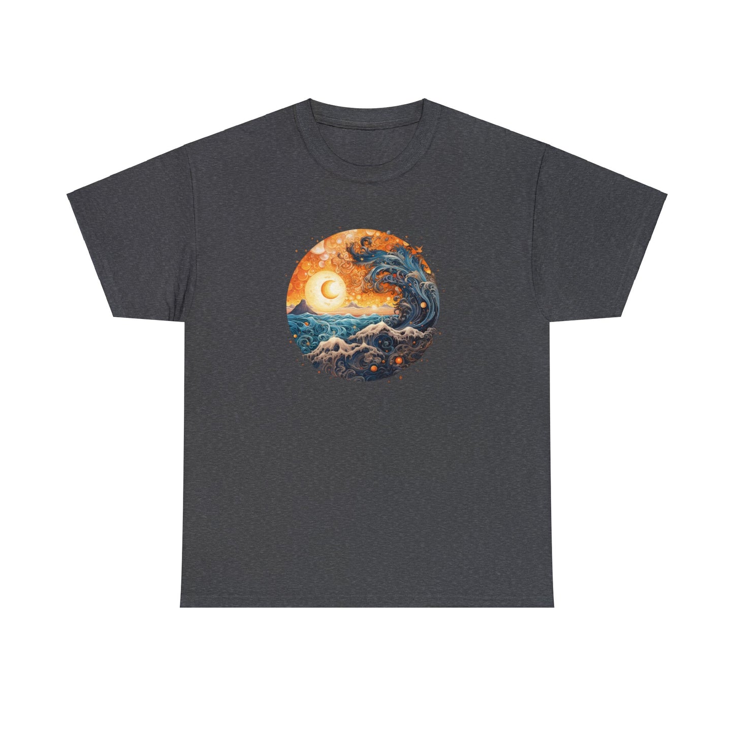 Vintage Inspired Ocean Wave Swallows Sun Eclipse T-Shirt - Retro Surf Tee, Boho Style Ocean Wave Unisex Heavy Cotton Tee