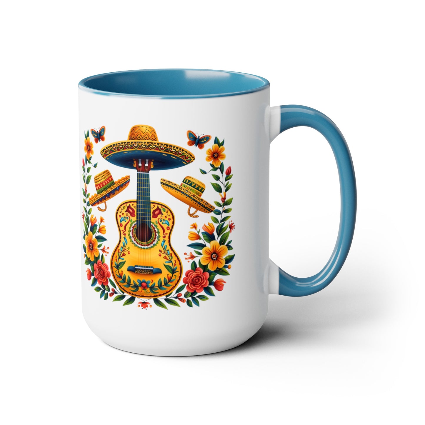 Mexican Inspired 15 oz. Mug featuring Guitars, Sombreros, & Vibrant Flowers - Gift for Music and Nature Lovers