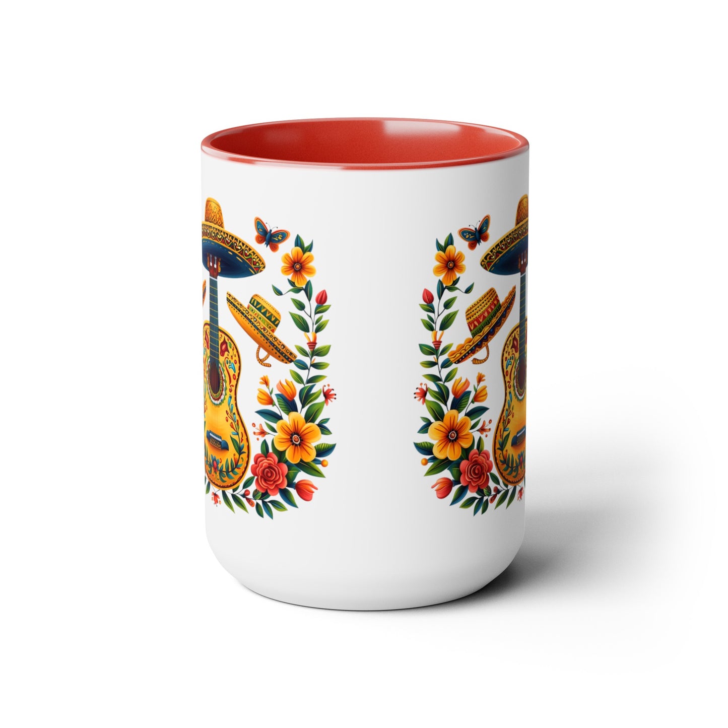 Mexican Inspired 15 oz. Mug featuring Guitars, Sombreros, & Vibrant Flowers - Gift for Music and Nature Lovers