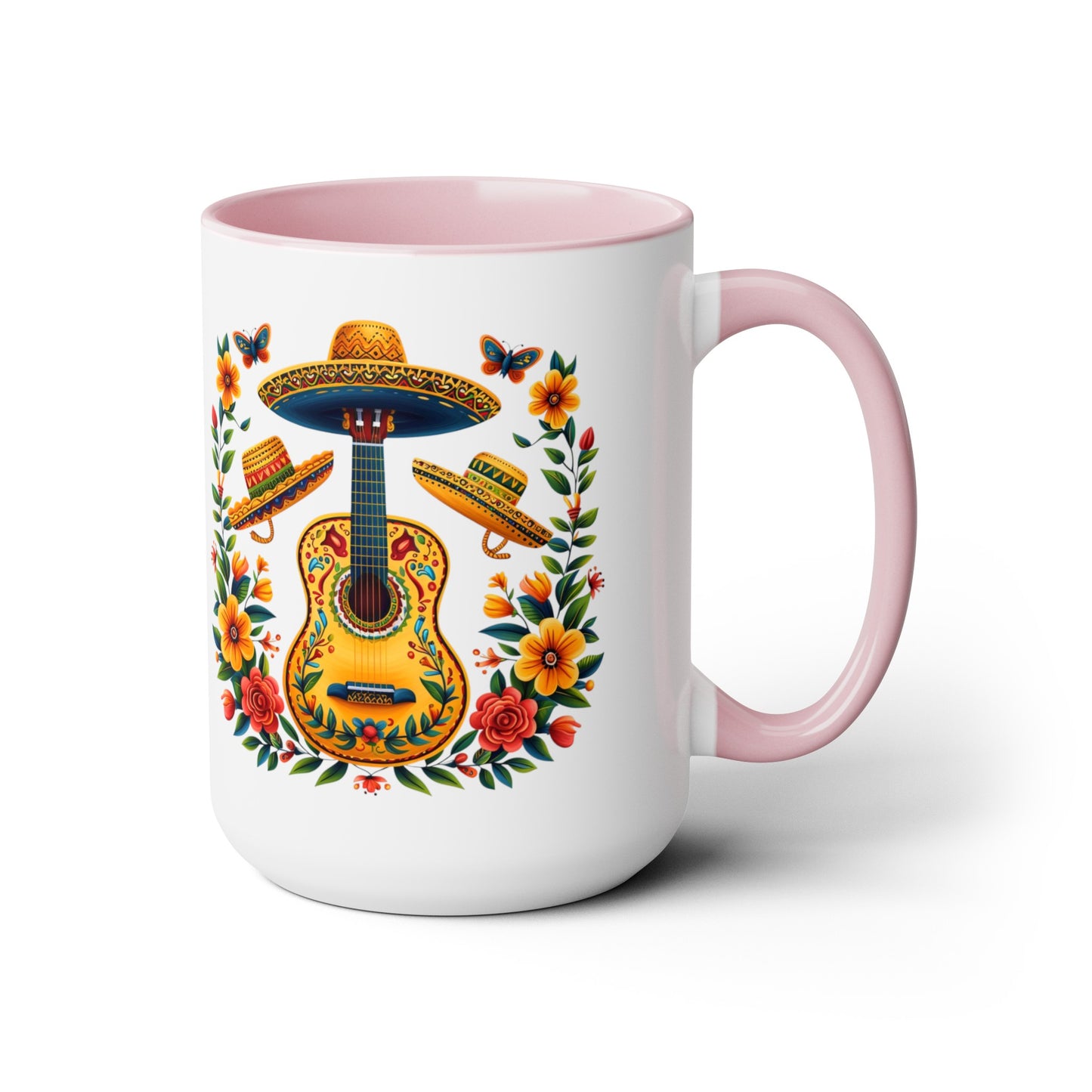 Mexican Inspired 15 oz. Mug featuring Guitars, Sombreros, & Vibrant Flowers - Gift for Music and Nature Lovers