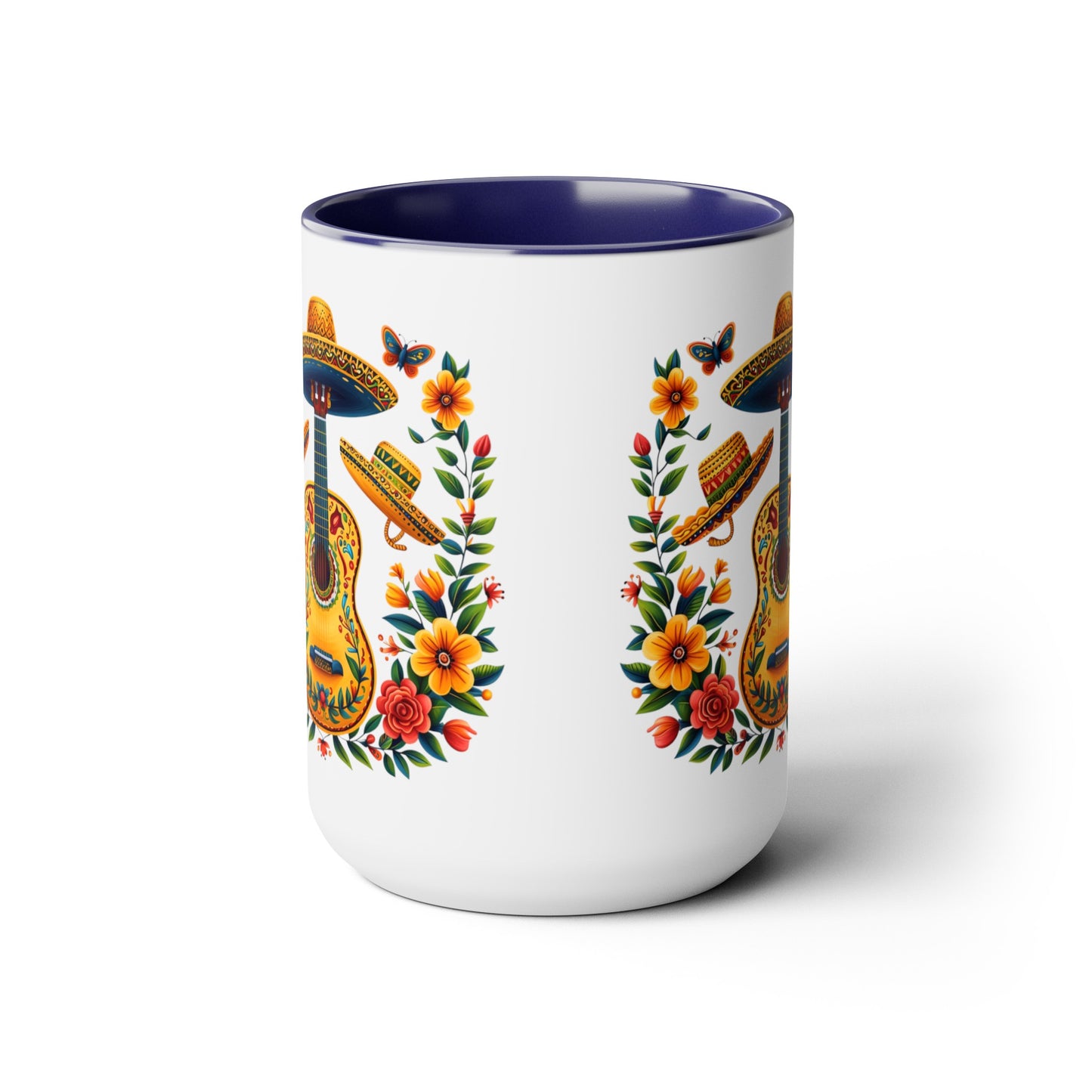 Mexican Inspired 15 oz. Mug featuring Guitars, Sombreros, & Vibrant Flowers - Gift for Music and Nature Lovers