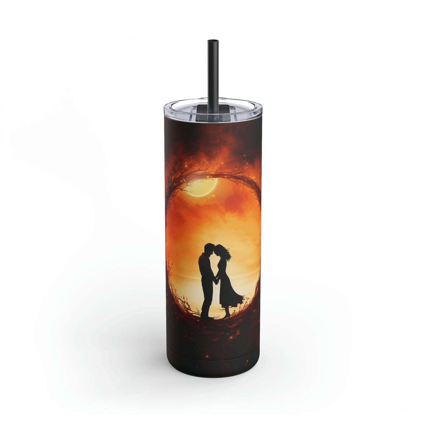 Romantic Eclipse Bliss: Two Lovers Embracing on a 20 oz. Tumbler, Celestial Love Maars Maker Skinny Matte Tumbler, 20oz