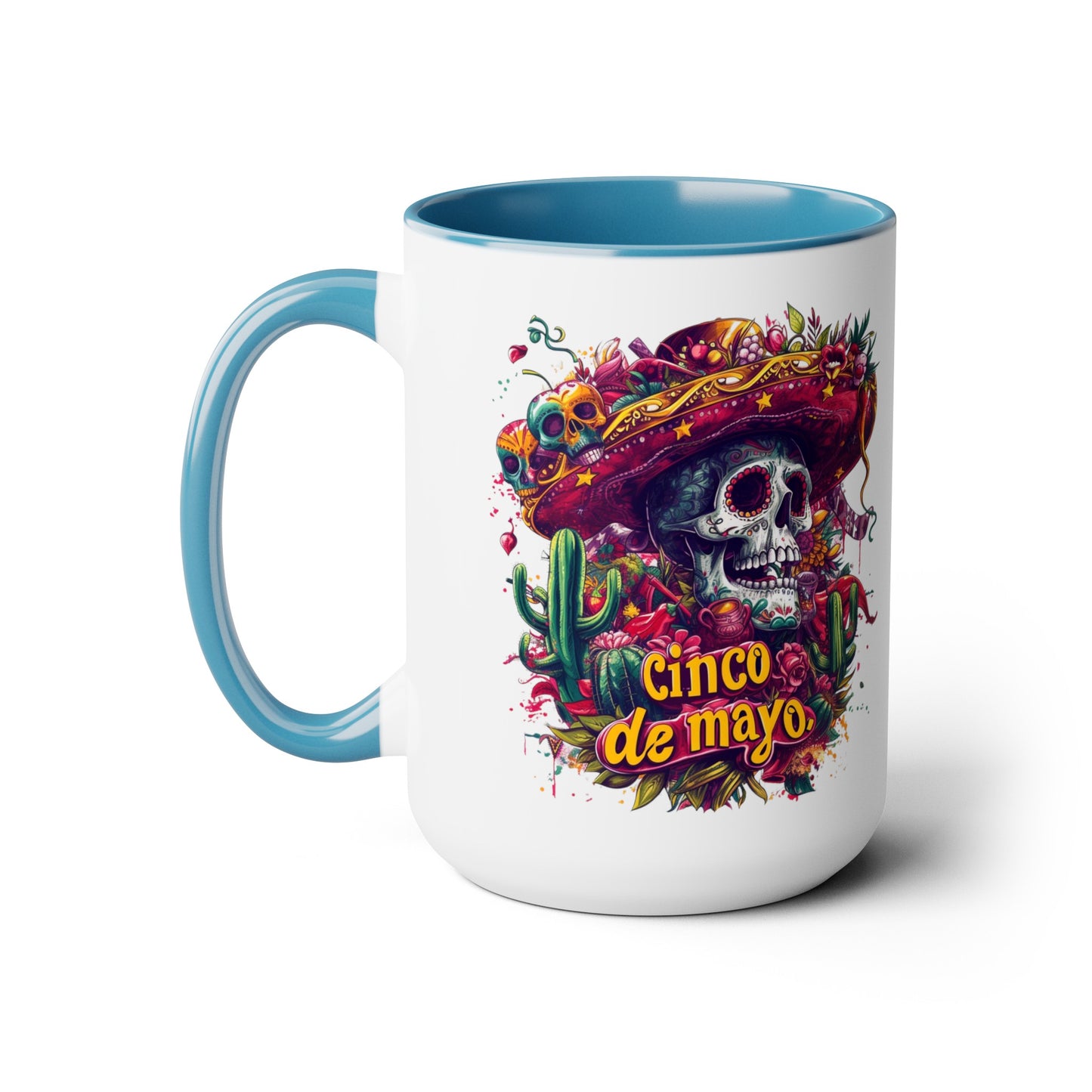 Festive Skull Design Cinco de Mayo Mug - Day of the Dead Inspired, Colorful Decorated Skull Mug for Cinco de Mayo - 15 oz. Capacity