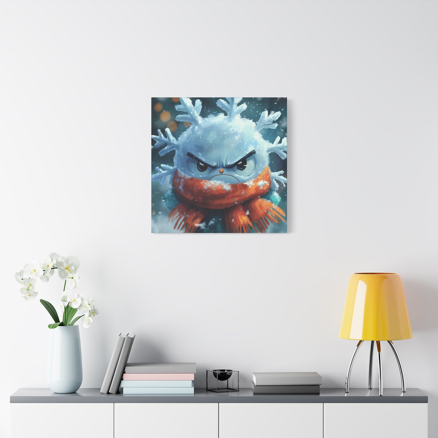 Adorable Grumpy Snowflake with Scarf - Unique Holiday Canvas Decor, Whimsical Grumpy Snowflake Canvas Art - Cute Winter Wall Decor