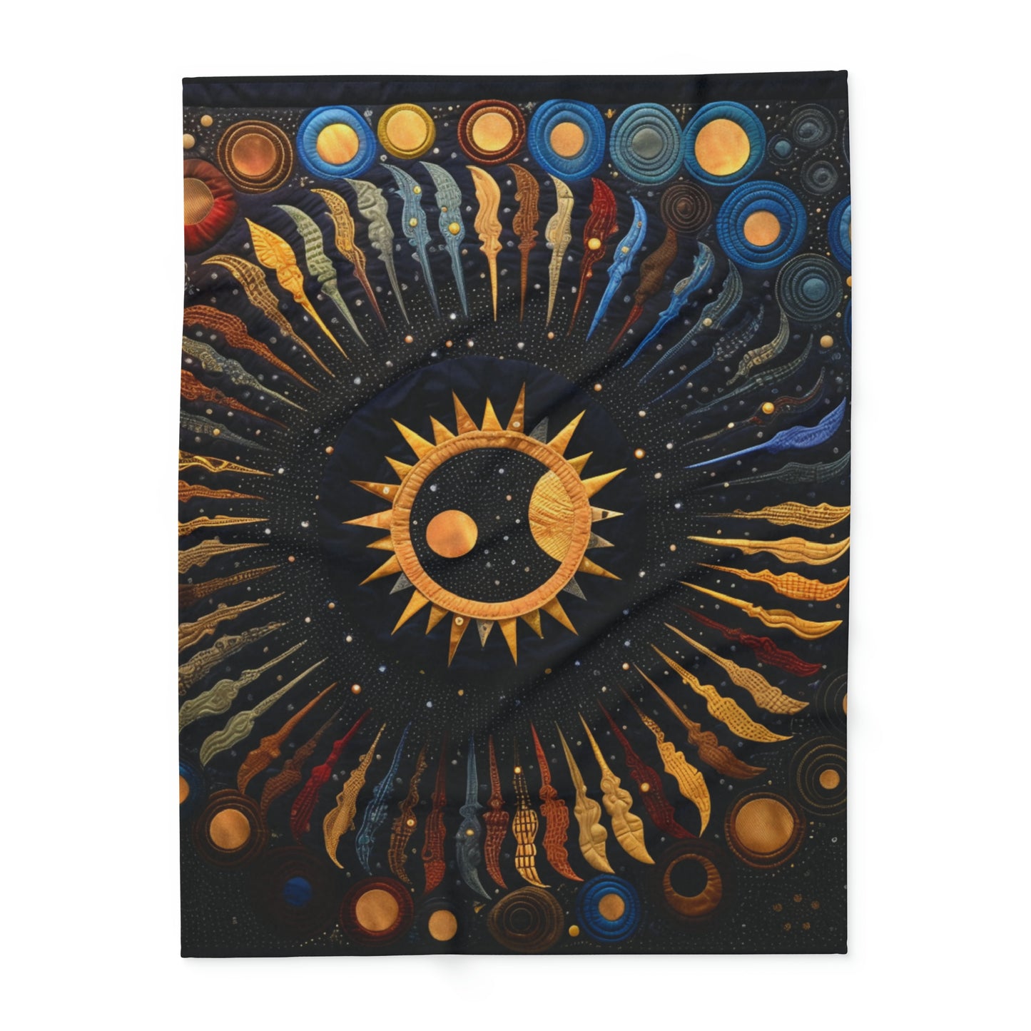 Cosmic Eclipse Fleece Quilt: Solar and Lunar Patterns Intertwined in Soft Warmth, Arctic Fleece Blanket