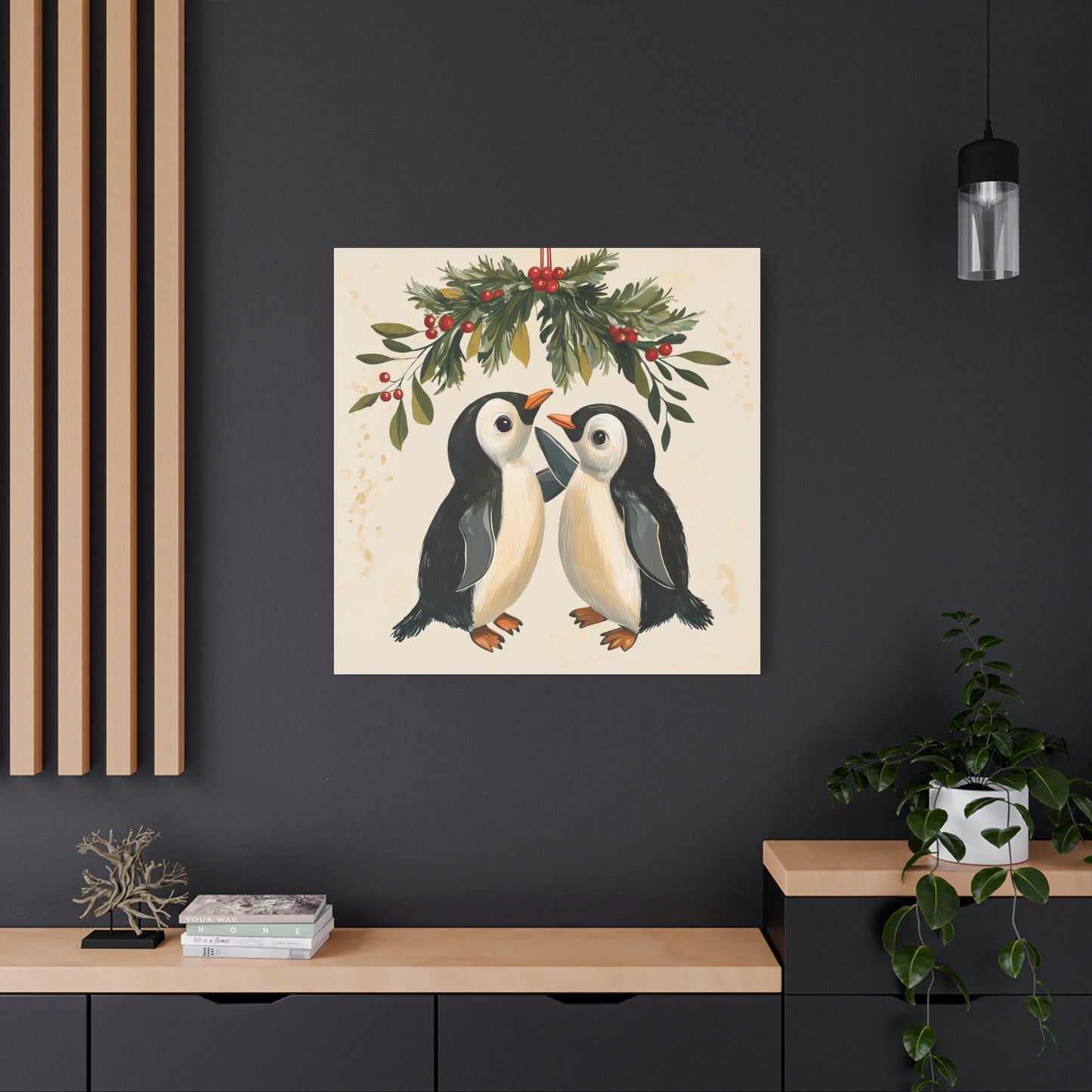 Adorable Christmas Wall Art: Penguins' Awkward Mistletoe Moment, Cute Cartoon Penguins Under Mistletoe - Funny Christmas Canvas Wall Art