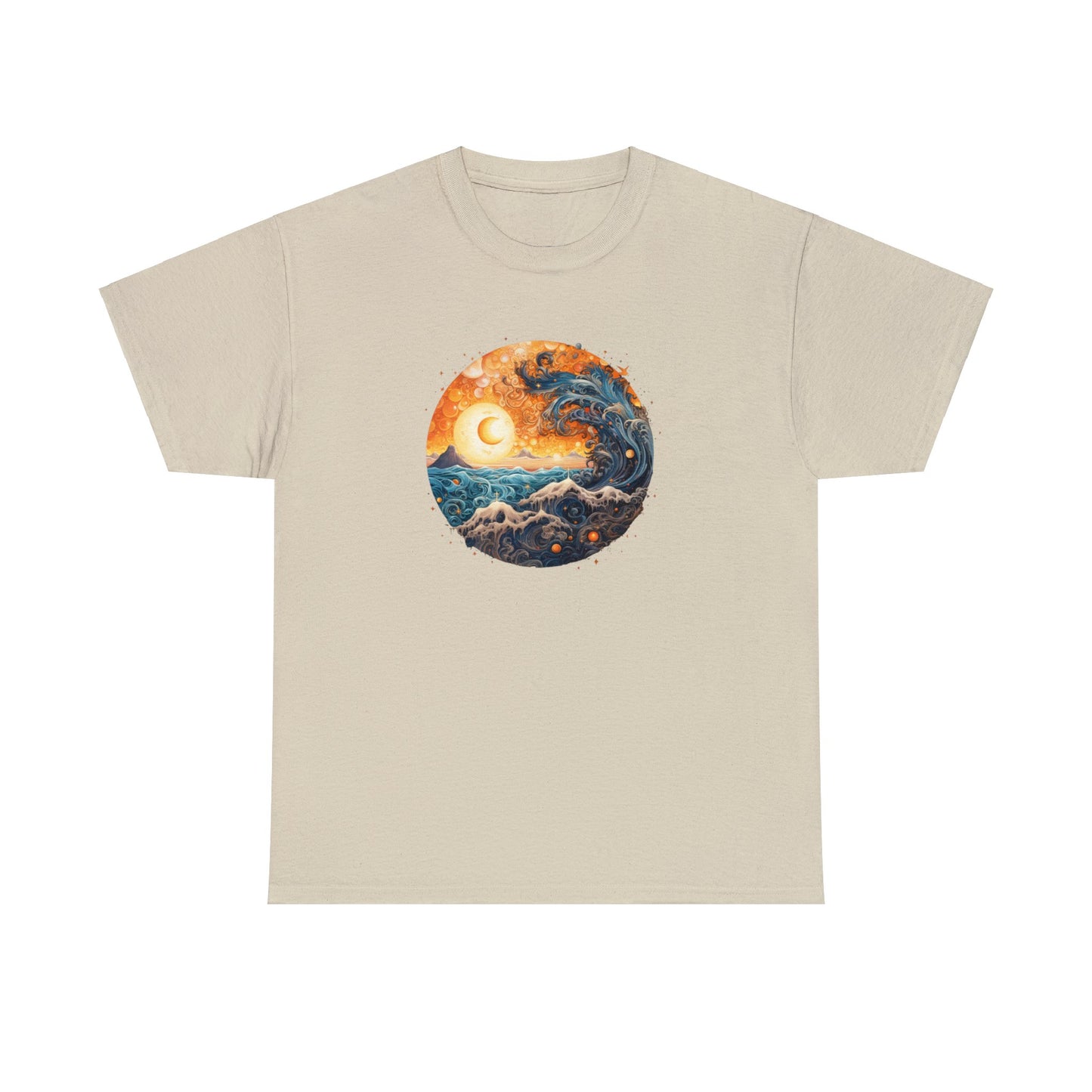 Vintage Inspired Ocean Wave Swallows Sun Eclipse T-Shirt - Retro Surf Tee, Boho Style Ocean Wave Unisex Heavy Cotton Tee