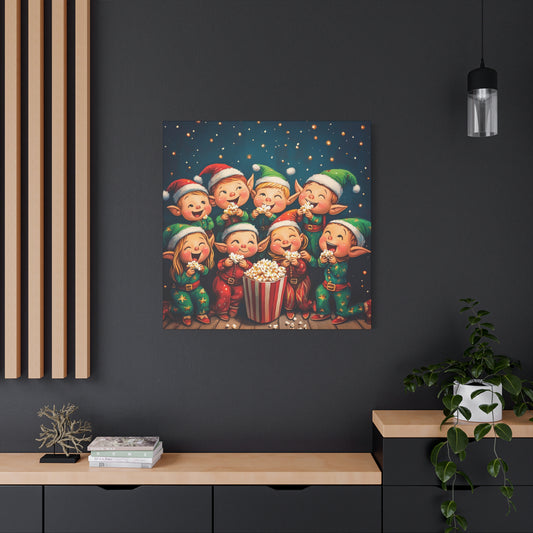 Vibrant Holiday Canvas Art: Elves in Pajamas Sharing Popcorn Magic, Cheerful Elves Enjoying a Cozy Christmas Sleepover, Colorful Wall Art