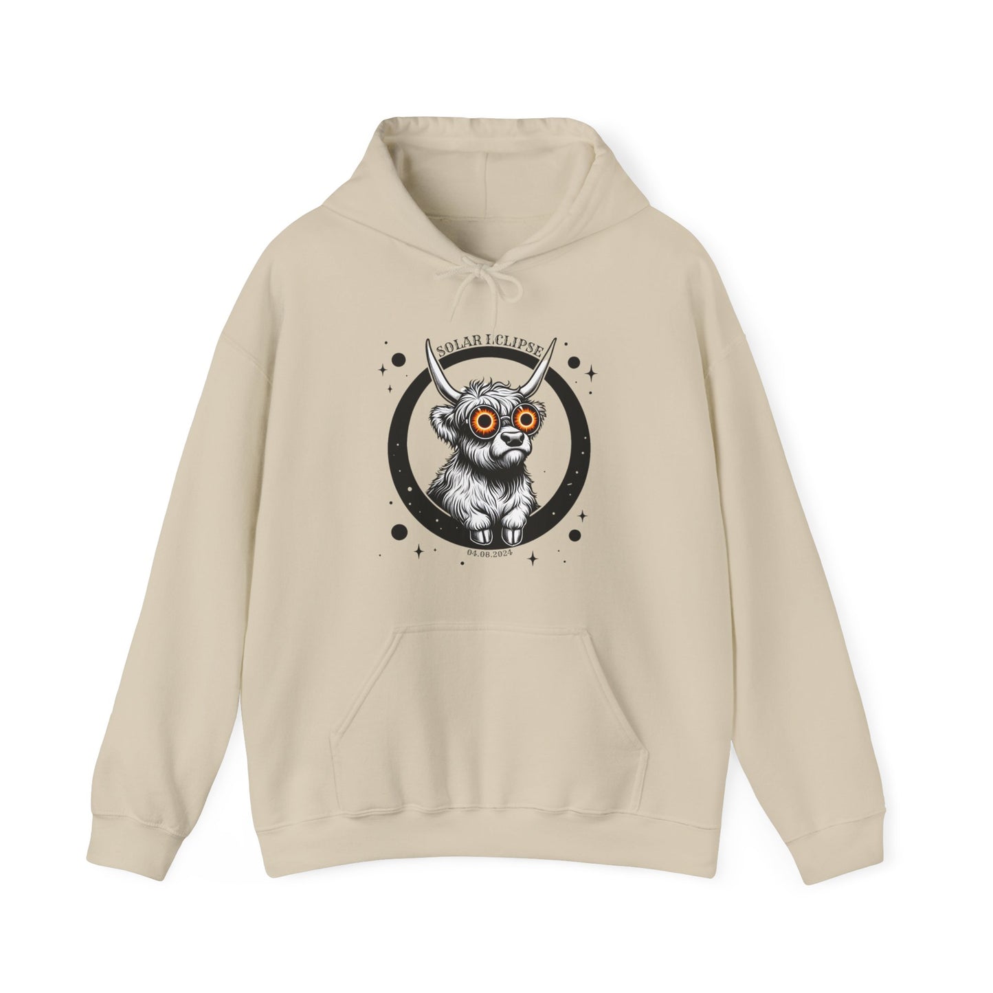 Highland Cow Eclipse 2024 Hooded Sweatshirt - Celestial Cuteness Hooded Sweatshirt, Cute Highland Cow Sweatshirt, Eclipse April 8 2024