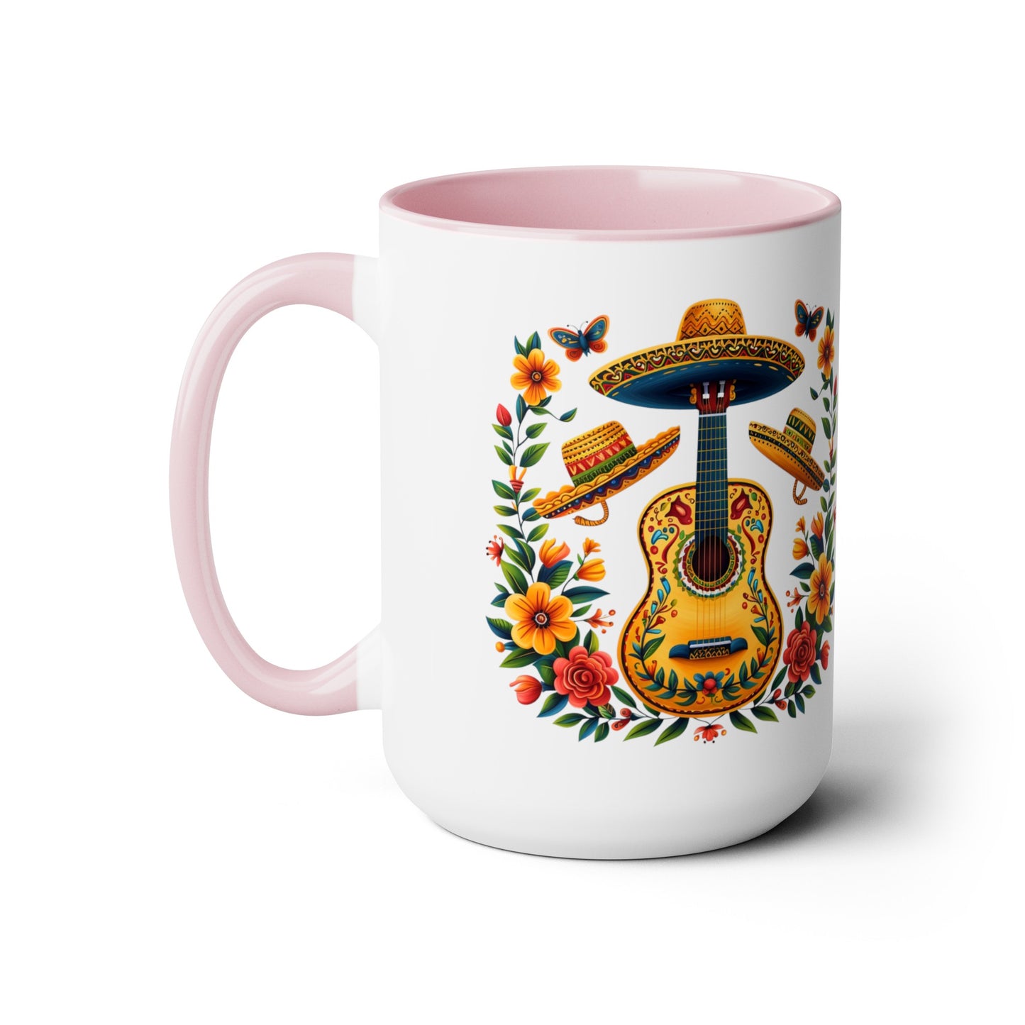 Mexican Inspired 15 oz. Mug featuring Guitars, Sombreros, & Vibrant Flowers - Gift for Music and Nature Lovers