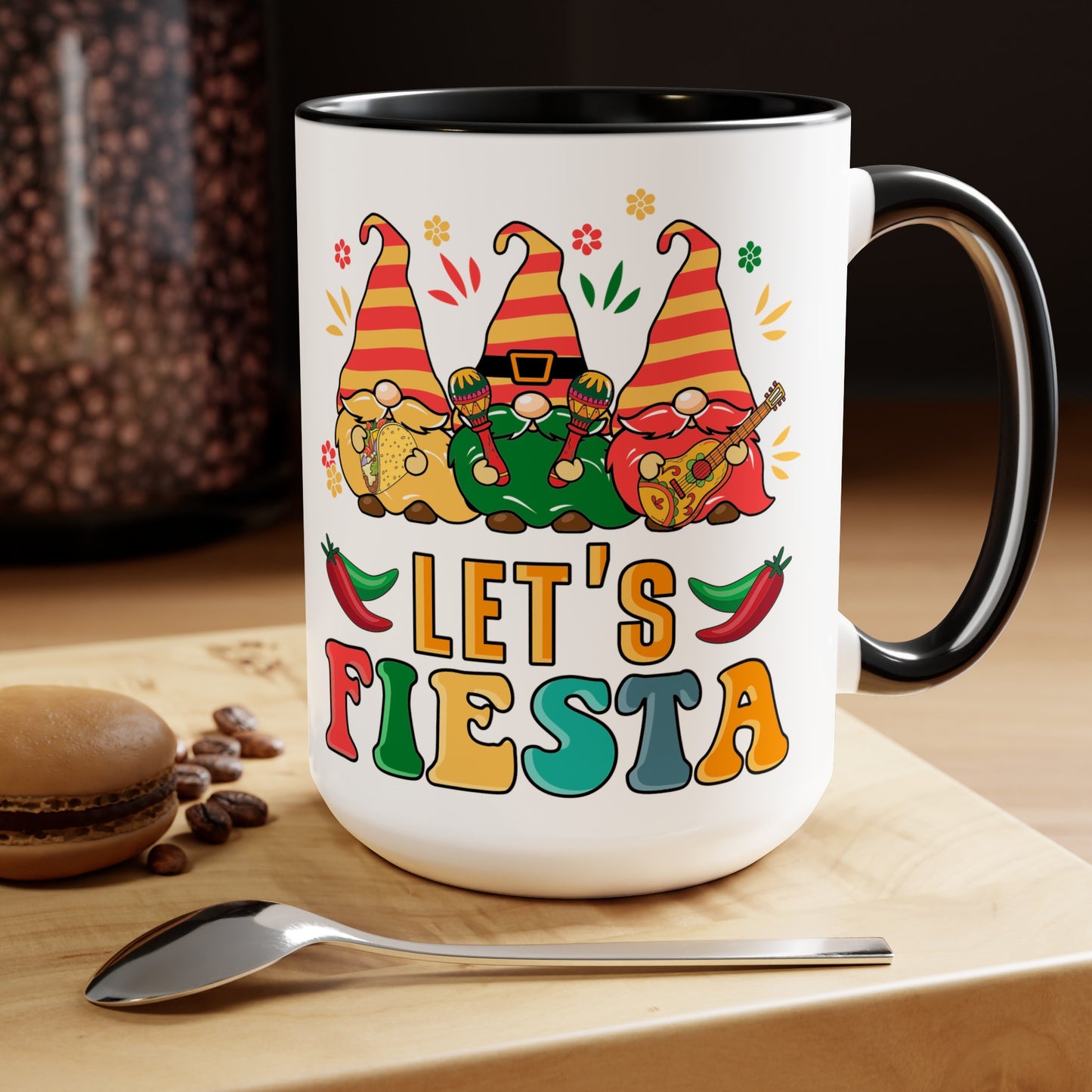 Fiesta Flare Gnomes Mug - Let's Fiesta 15 oz Ceramic Cup, Colorful Fiesta Gnomes 15 oz Mug - Let's Fiesta Party Vibes