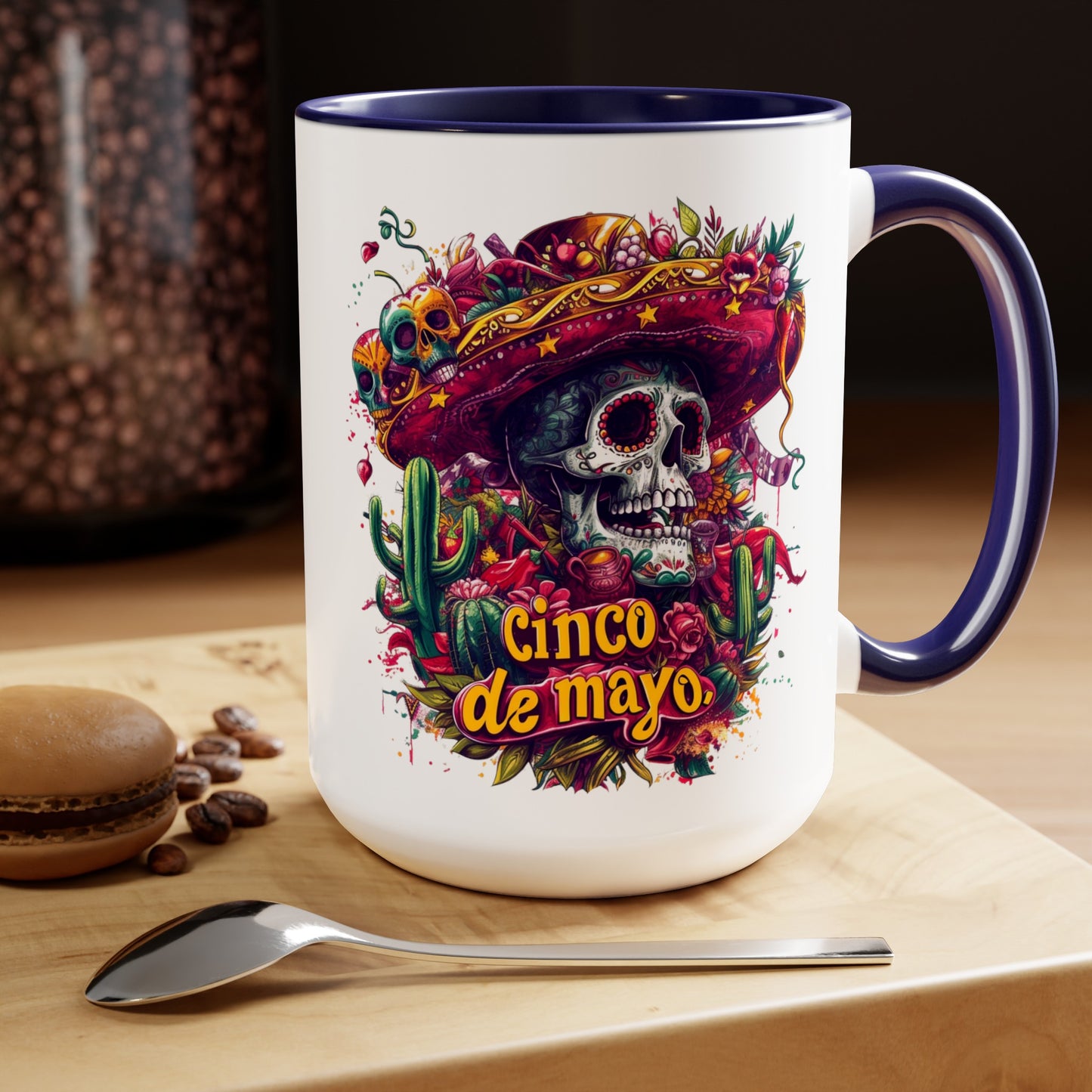 Festive Skull Design Cinco de Mayo Mug - Day of the Dead Inspired, Colorful Decorated Skull Mug for Cinco de Mayo - 15 oz. Capacity