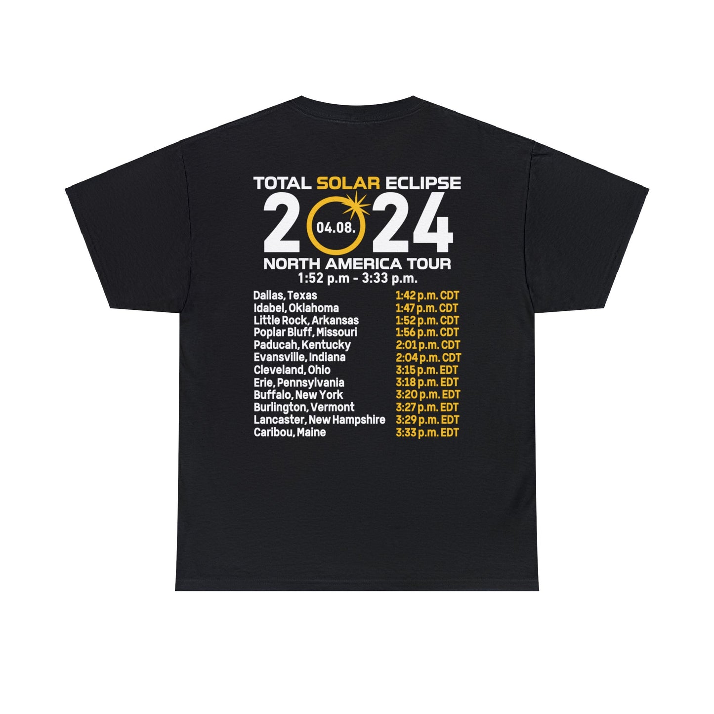 2024 Solar Eclipse Shirt with US Cities & Eclipse Times, April 8, 2024, Commemorate the 2024 Solar Eclipse with the City Time Shirt Design