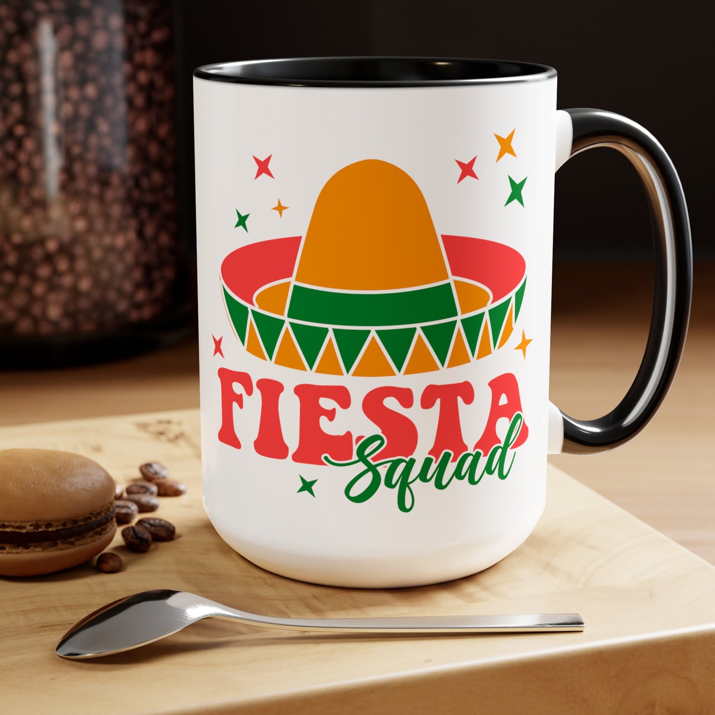 Fiesta Squad Must-Have: Vibrant 15 oz Mug for Festive Gatherings, Fiesta Squad Fun, Colorful 15 oz Mug for Cinco de Mayo Parties