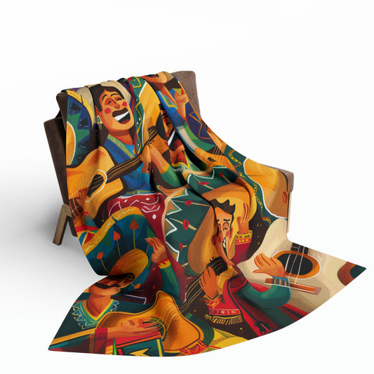 Artistic Mariachi Illustration Fleece Blanket - Unique Home Accent, Mexican-inspired Mariachi Fleece Blanket - Vivid Art Print