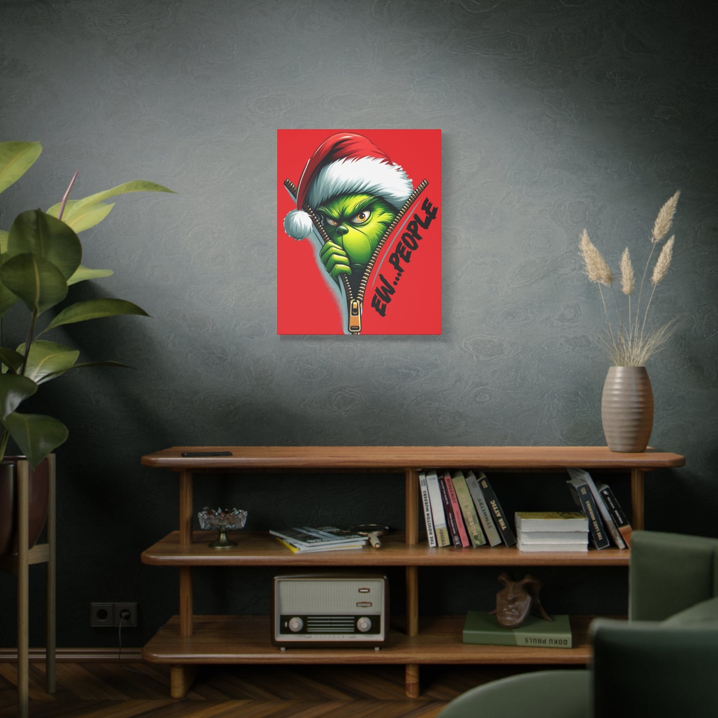 Red Grinch Canvas Art: 'Ewww People' Zipper Design for Fun Decor, Playful Grinch Canvas Wall Art - 'Ewww People' 3D Zipper Design