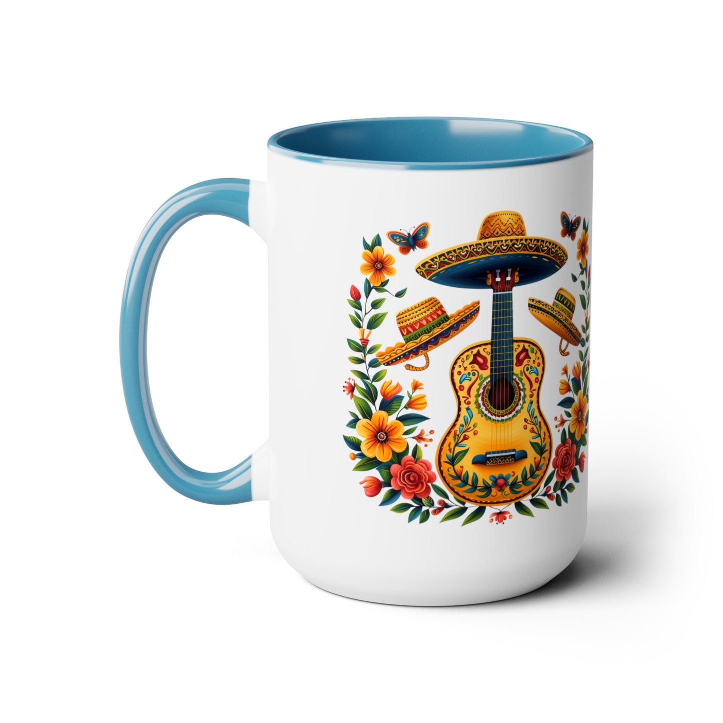 Mexican Inspired 15 oz. Mug featuring Guitars, Sombreros, & Vibrant Flowers - Gift for Music and Nature Lovers