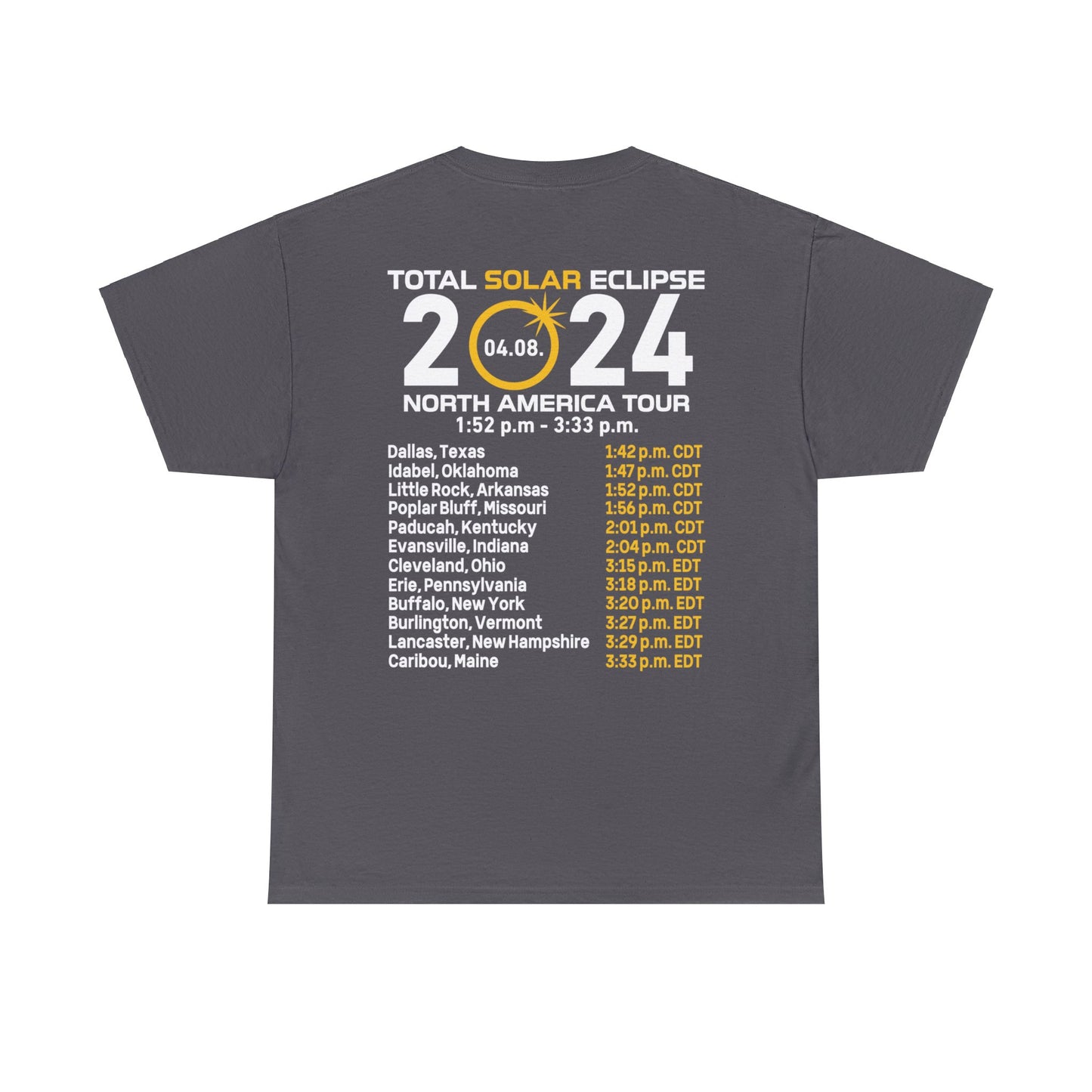 2024 Solar Eclipse Shirt with US Cities & Eclipse Times, April 8, 2024, Commemorate the 2024 Solar Eclipse with the City Time Shirt Design