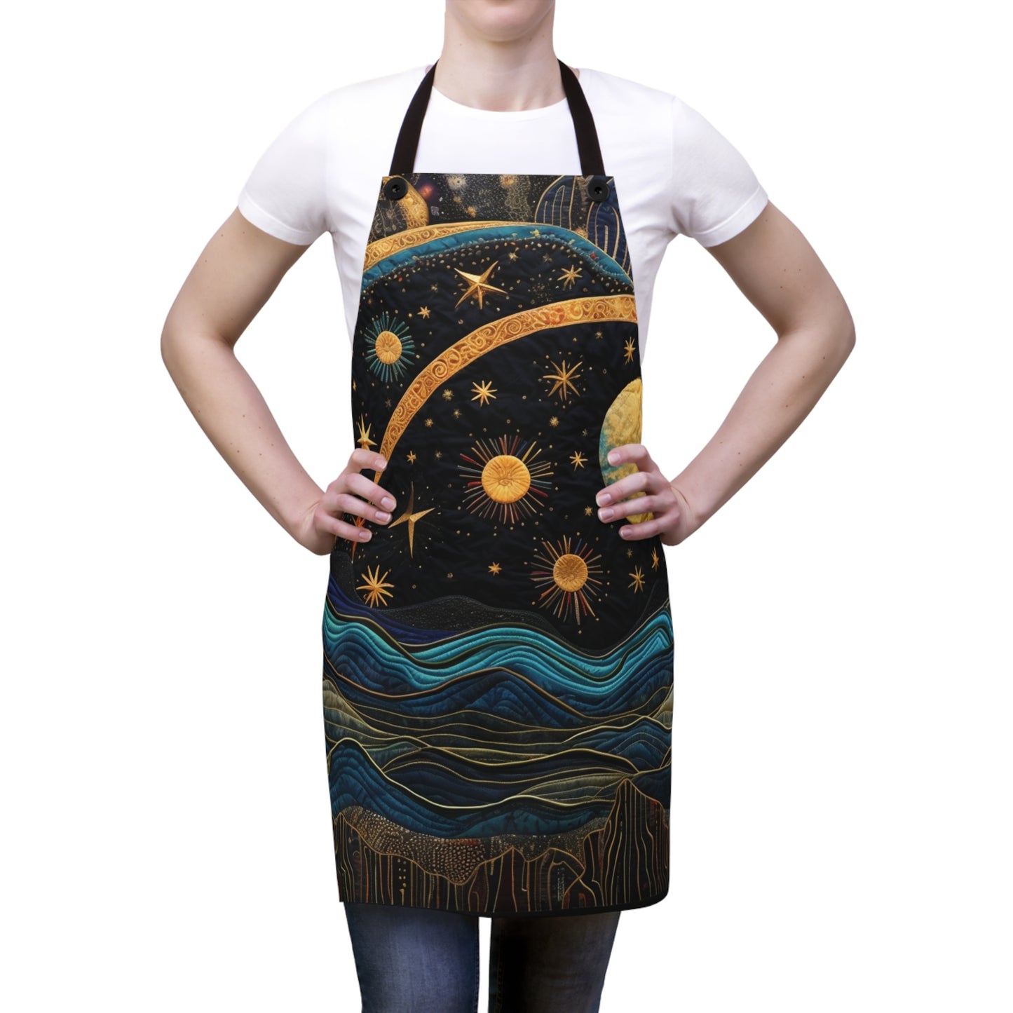 Dreamy Nights Elegant Artistic Celestial Quilt-Pattern Apron, Starry Night Dream Artistic Celestial Quilt-Pattern Apron for Creative Souls