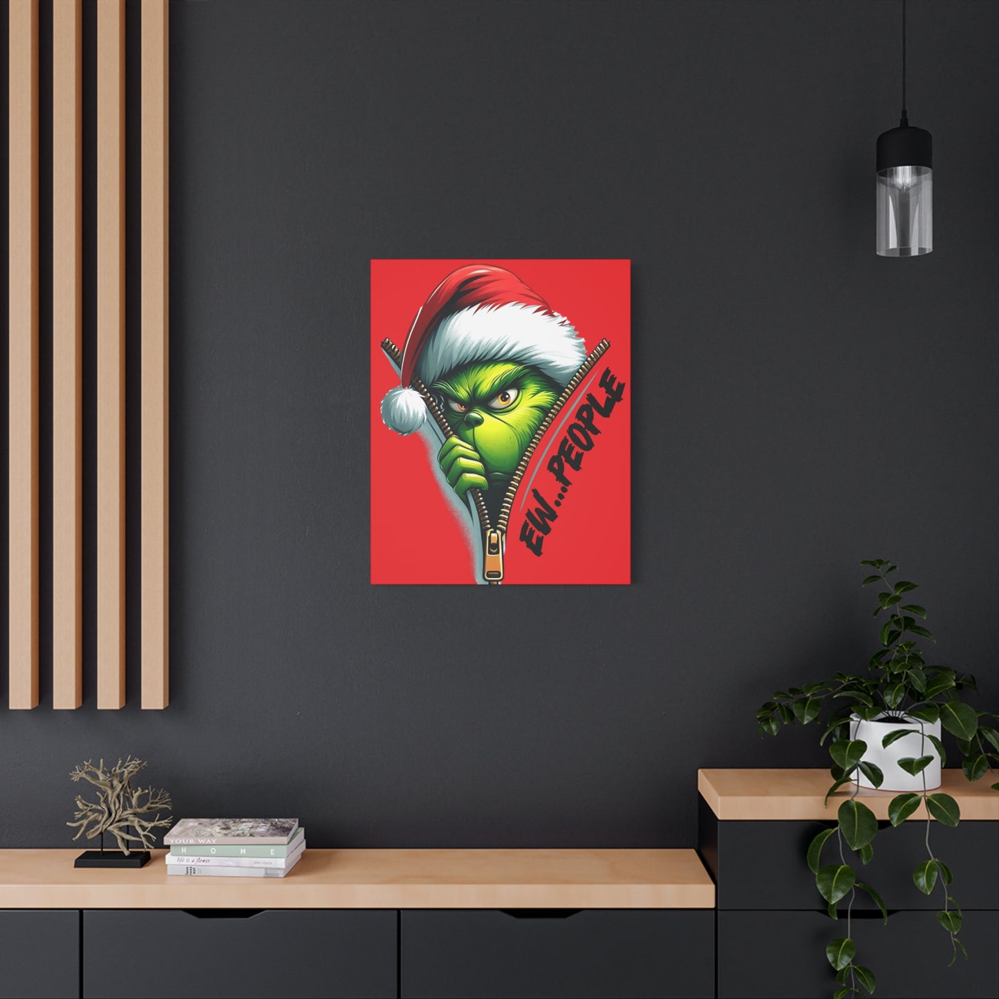 Red Grinch Canvas Art: 'Ewww People' Zipper Design for Fun Decor, Playful Grinch Canvas Wall Art - 'Ewww People' 3D Zipper Design