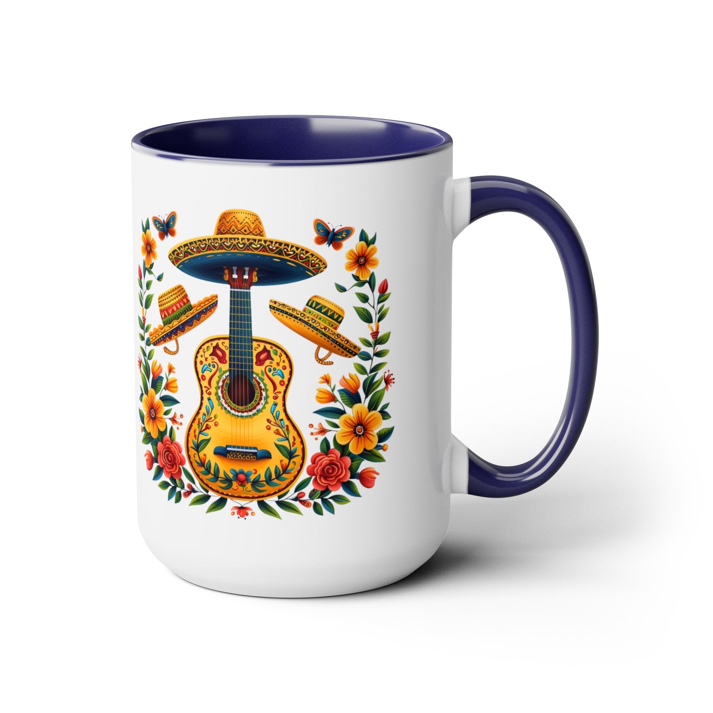 Mexican Inspired 15 oz. Mug featuring Guitars, Sombreros, & Vibrant Flowers - Gift for Music and Nature Lovers