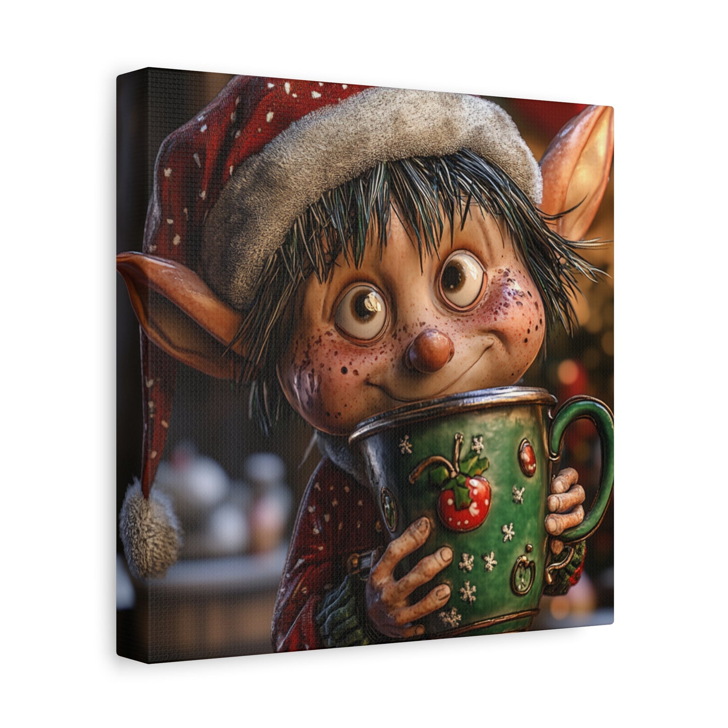 Whimsical Christmas Elf Wall Art - Cheerful Coffee-Loving Decor for the Holidays,Festive Canvas Art,Humorous Xmas Elf with Giant Coffee Mug