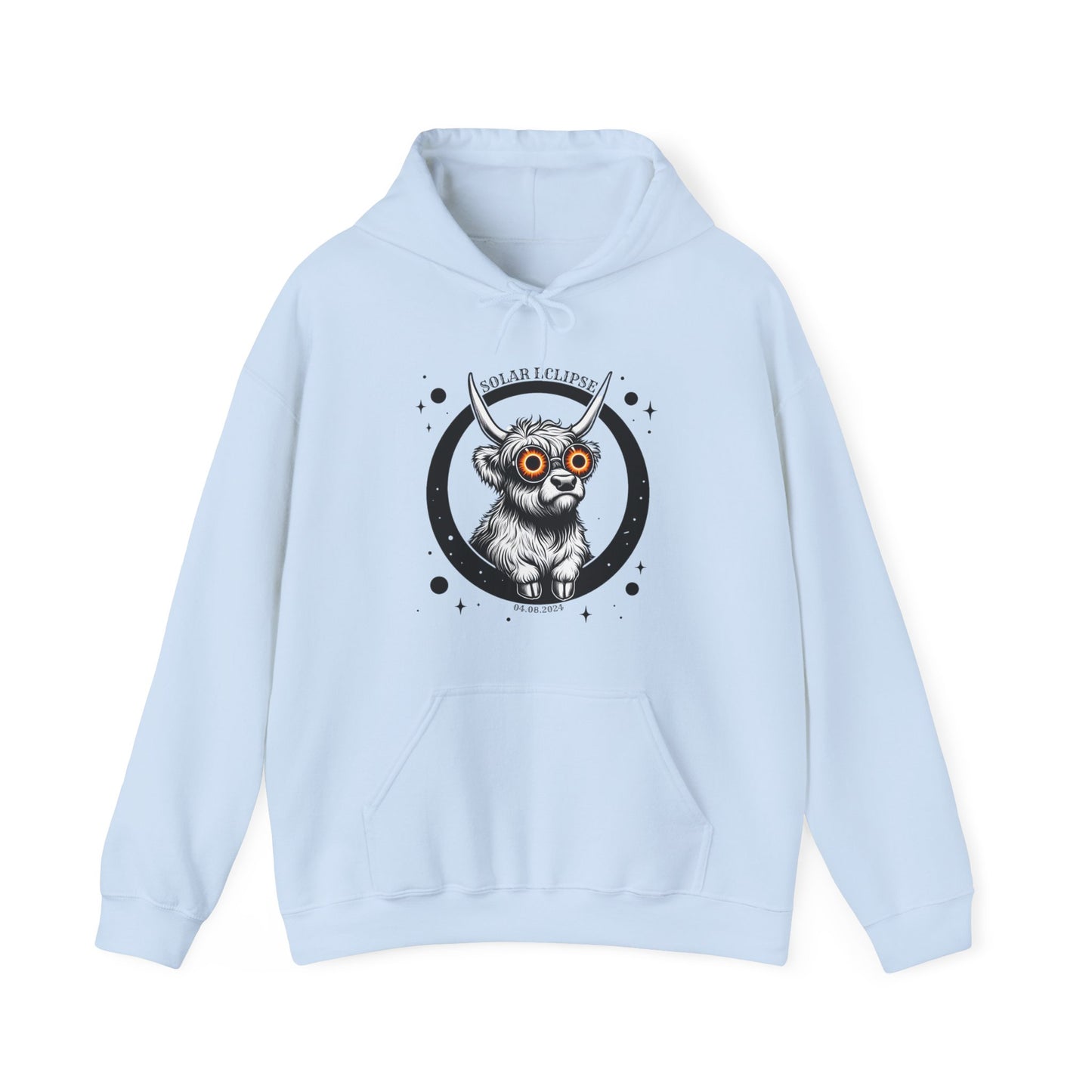 Highland Cow Eclipse 2024 Hooded Sweatshirt - Celestial Cuteness Hooded Sweatshirt, Cute Highland Cow Sweatshirt, Eclipse April 8 2024