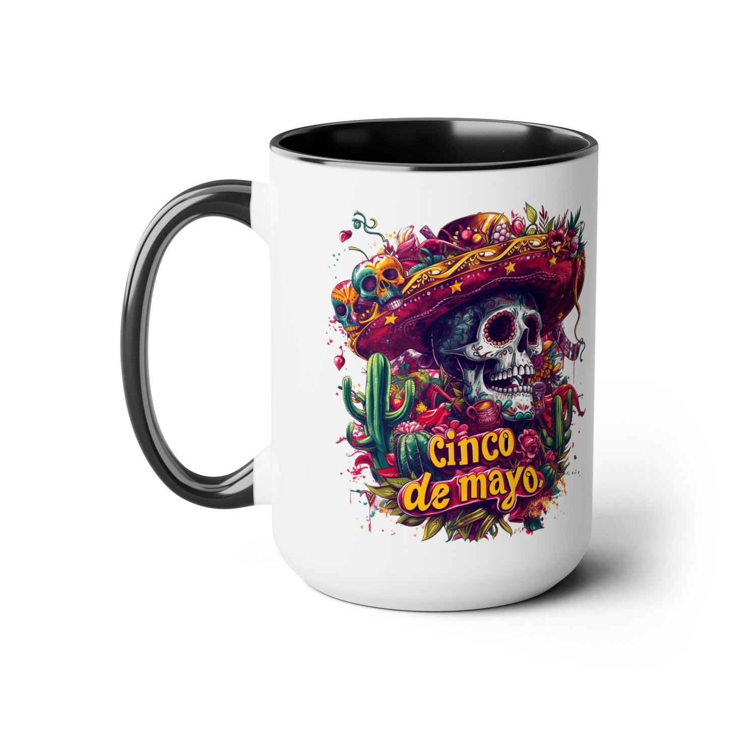 Festive Skull Design Cinco de Mayo Mug - Day of the Dead Inspired, Colorful Decorated Skull Mug for Cinco de Mayo - 15 oz. Capacity