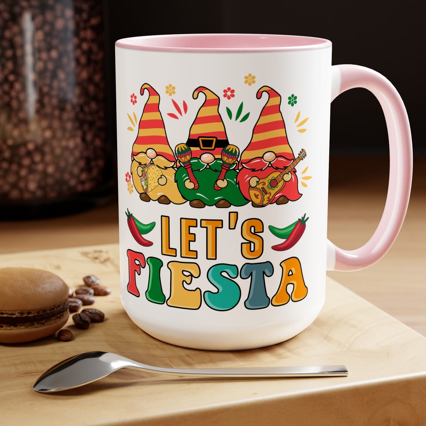 Fiesta Flare Gnomes Mug - Let's Fiesta 15 oz Ceramic Cup, Colorful Fiesta Gnomes 15 oz Mug - Let's Fiesta Party Vibes