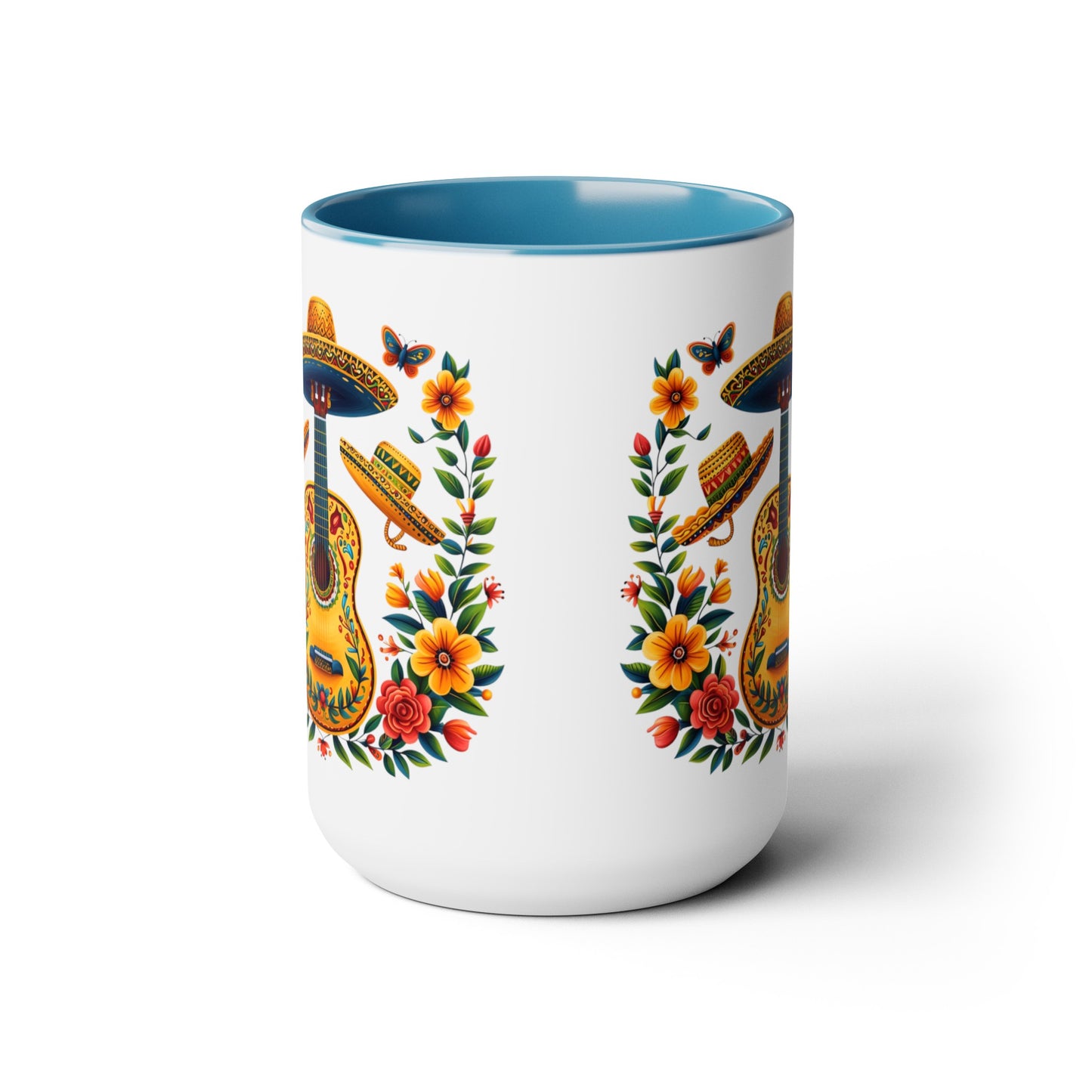 Mexican Inspired 15 oz. Mug featuring Guitars, Sombreros, & Vibrant Flowers - Gift for Music and Nature Lovers