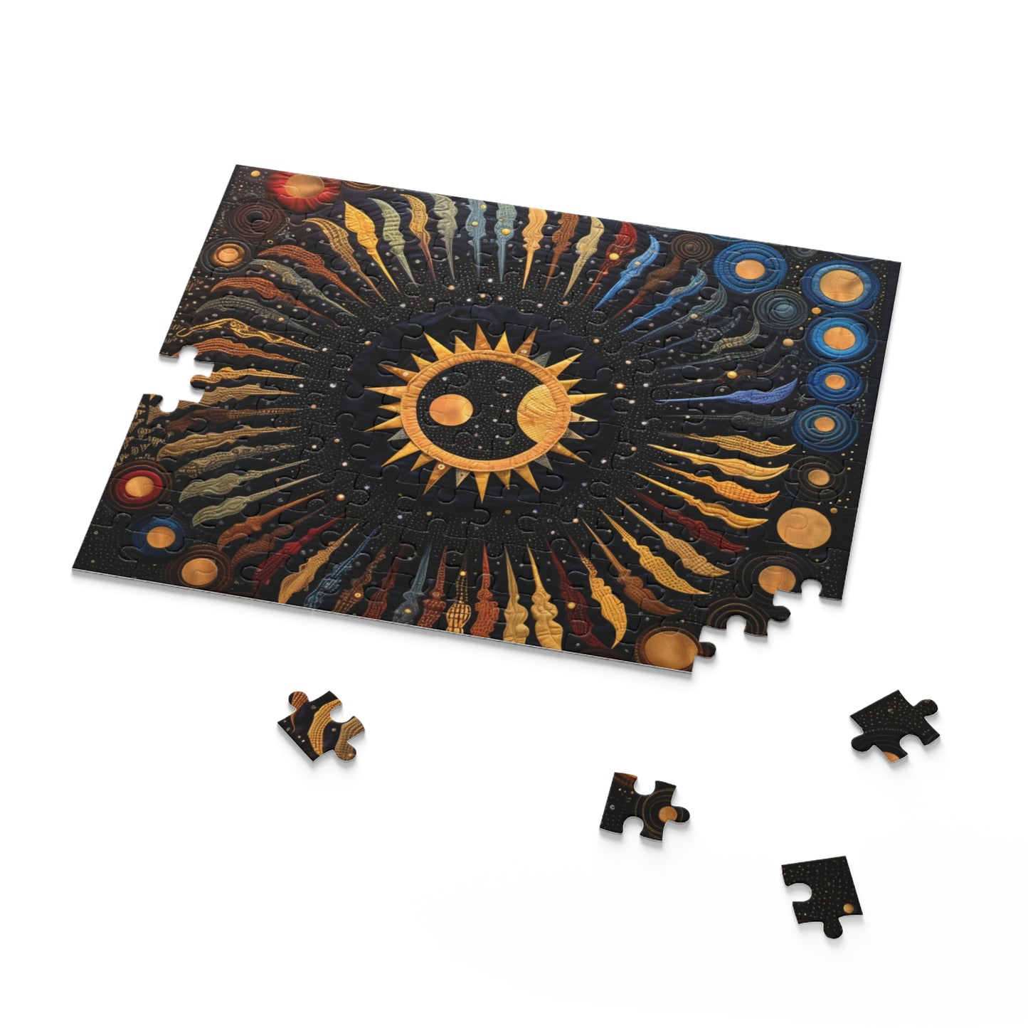 Quilt-Inspired Puzzle featuring Sun and Moon Designs - Fun and Unique, Celestial Sun and Moon Puzzle in Quilt-Inspired Style