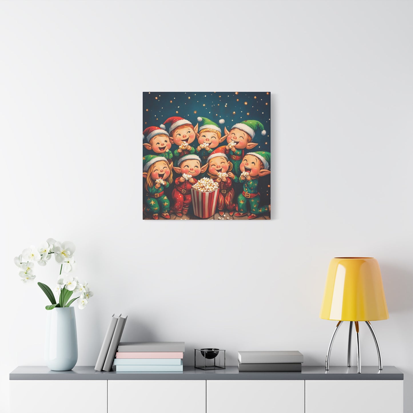 Vibrant Holiday Canvas Art: Elves in Pajamas Sharing Popcorn Magic, Cheerful Elves Enjoying a Cozy Christmas Sleepover, Colorful Wall Art