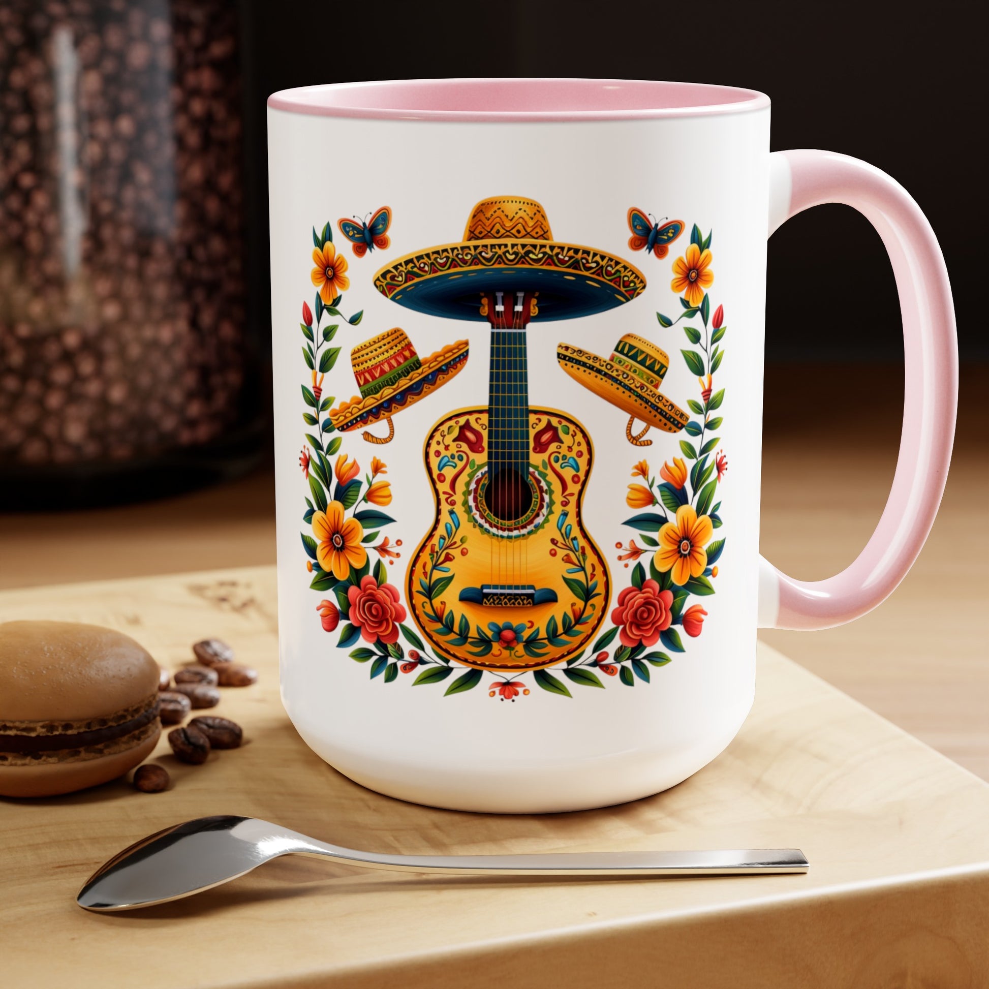 Get into the groove with our Mexican-inspired 15 oz. mug! Featuring guitars, sombreros, and vibrant flowers, it's a fiesta in every sip. 🎸🌺 #MexicanFiesta #VibrantMornings #SipInStyle"