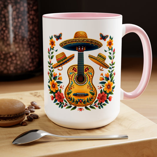 Get into the groove with our Mexican-inspired 15 oz. mug! Featuring guitars, sombreros, and vibrant flowers, it's a fiesta in every sip. 🎸🌺 #MexicanFiesta #VibrantMornings #SipInStyle"