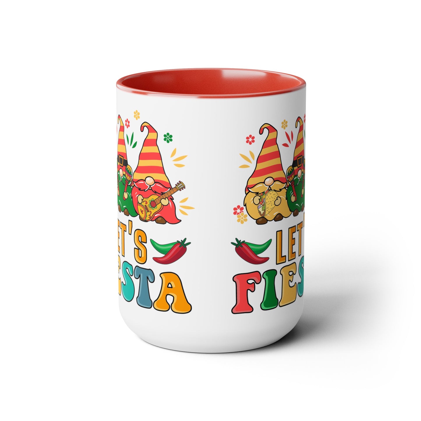 Fiesta Flare Gnomes Mug - Let's Fiesta 15 oz Ceramic Cup, Colorful Fiesta Gnomes 15 oz Mug - Let's Fiesta Party Vibes