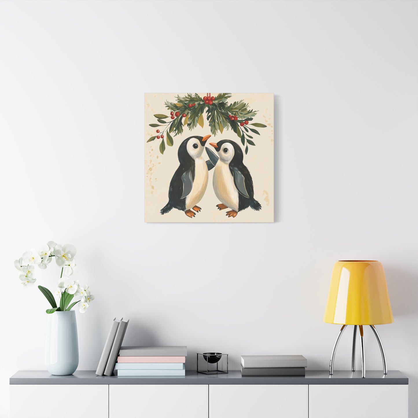 Adorable Christmas Wall Art: Penguins' Awkward Mistletoe Moment, Cute Cartoon Penguins Under Mistletoe - Funny Christmas Canvas Wall Art