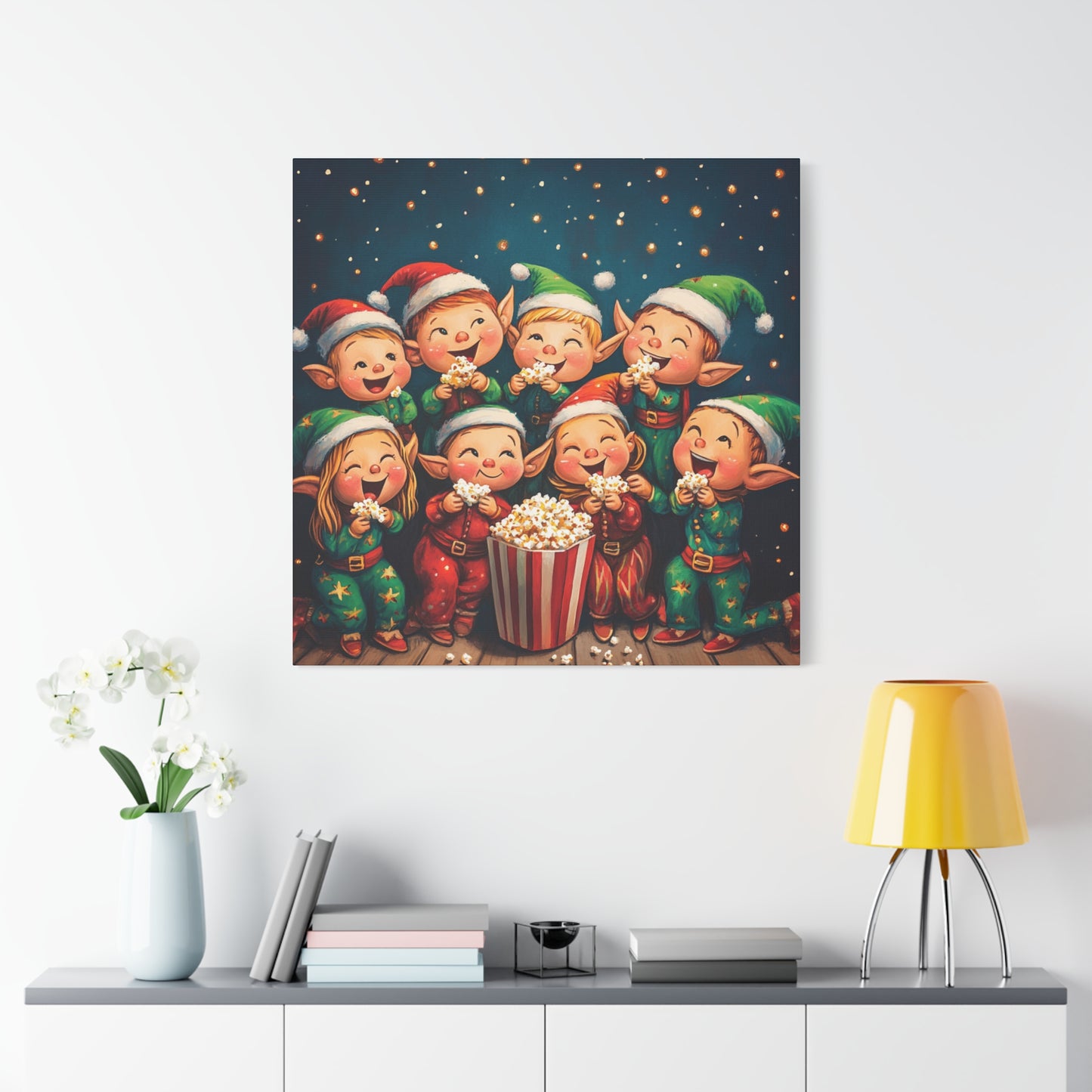 Vibrant Holiday Canvas Art: Elves in Pajamas Sharing Popcorn Magic, Cheerful Elves Enjoying a Cozy Christmas Sleepover, Colorful Wall Art