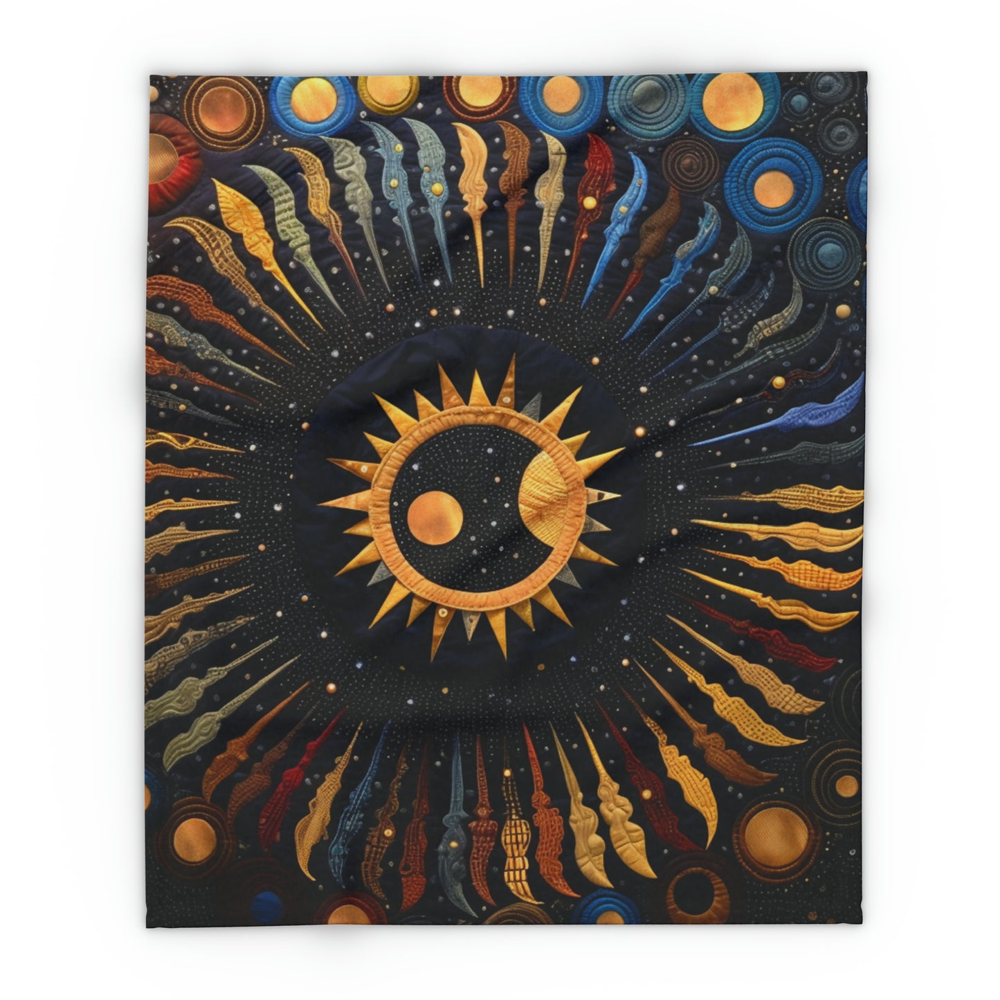 Cosmic Eclipse Fleece Quilt: Solar and Lunar Patterns Intertwined in Soft Warmth, Arctic Fleece Blanket