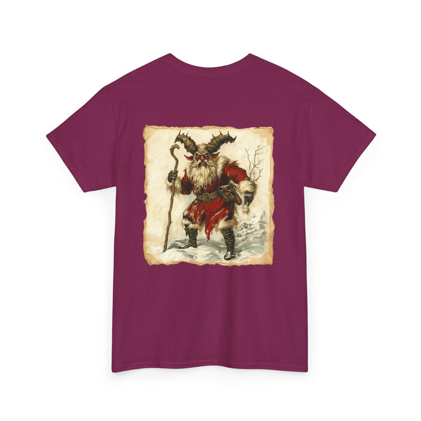 Vintage Krampus Unisex T-Shirt on Back, Dark Christmas Holiday, Xmas Devil Creature, Skeletal Reindeer, Santa Skull, Merry Creepmas