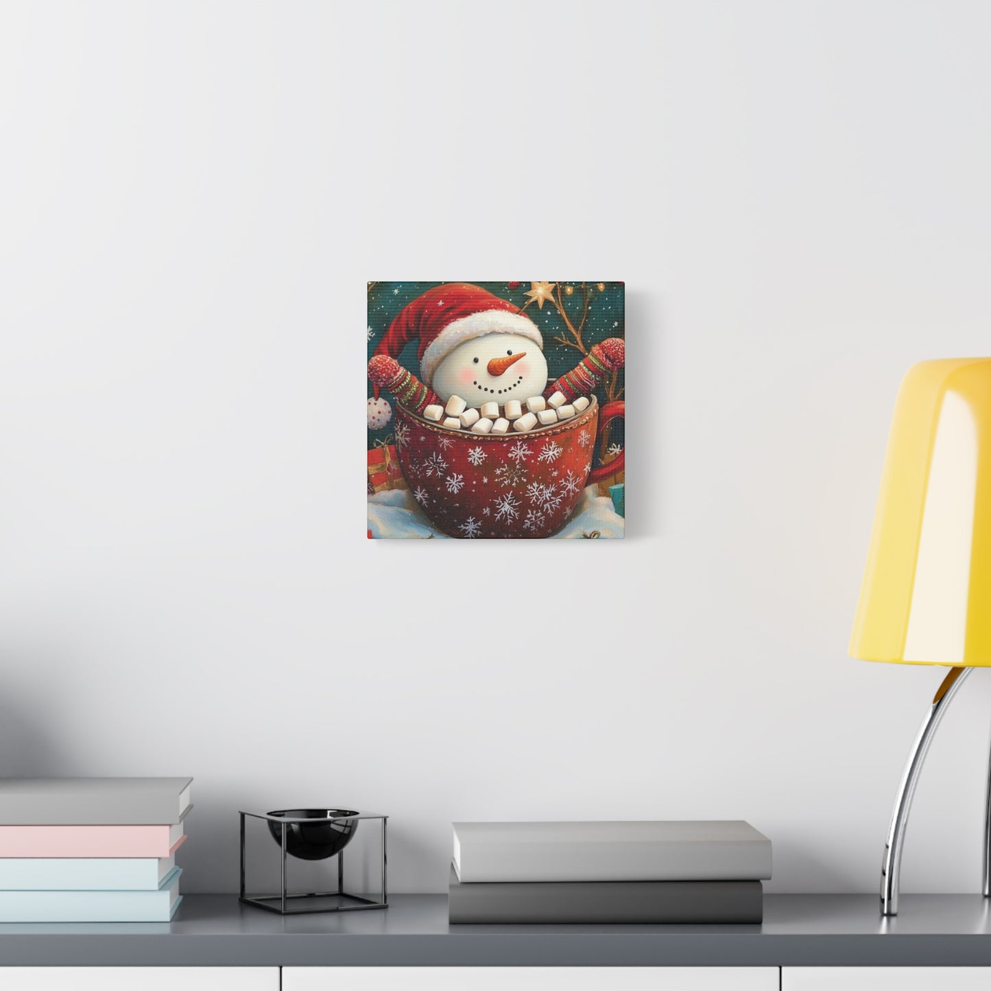 Cute Snowman Wall Art - Cozy Cocoa and Marshmallows Holiday Print, Joyful Christmas Canvas - Snowman Sipping Cocoa with Marshmallows