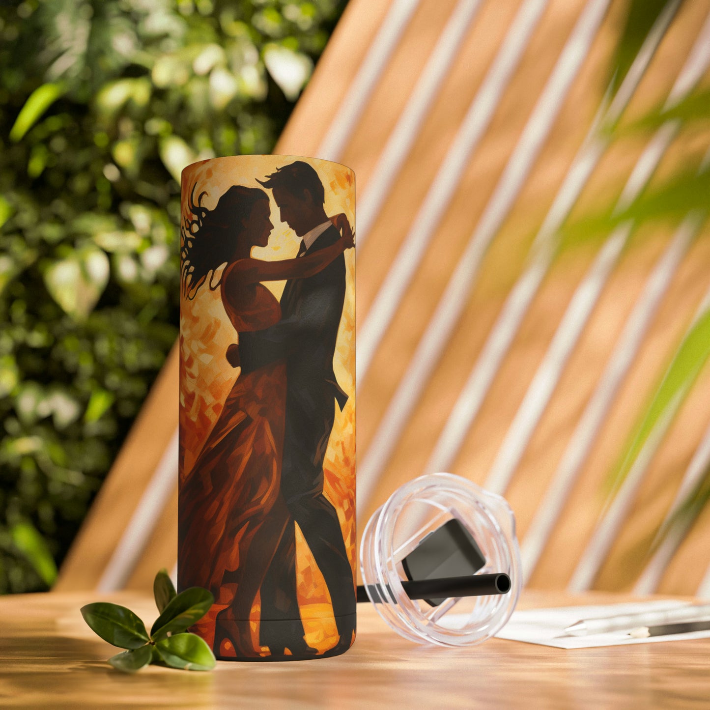 Sizzling Romance - Vibrant Background 20 oz Tumbler with Two Dancing Lovers, Maars Maker Skinny Matte Tumbler, 20oz