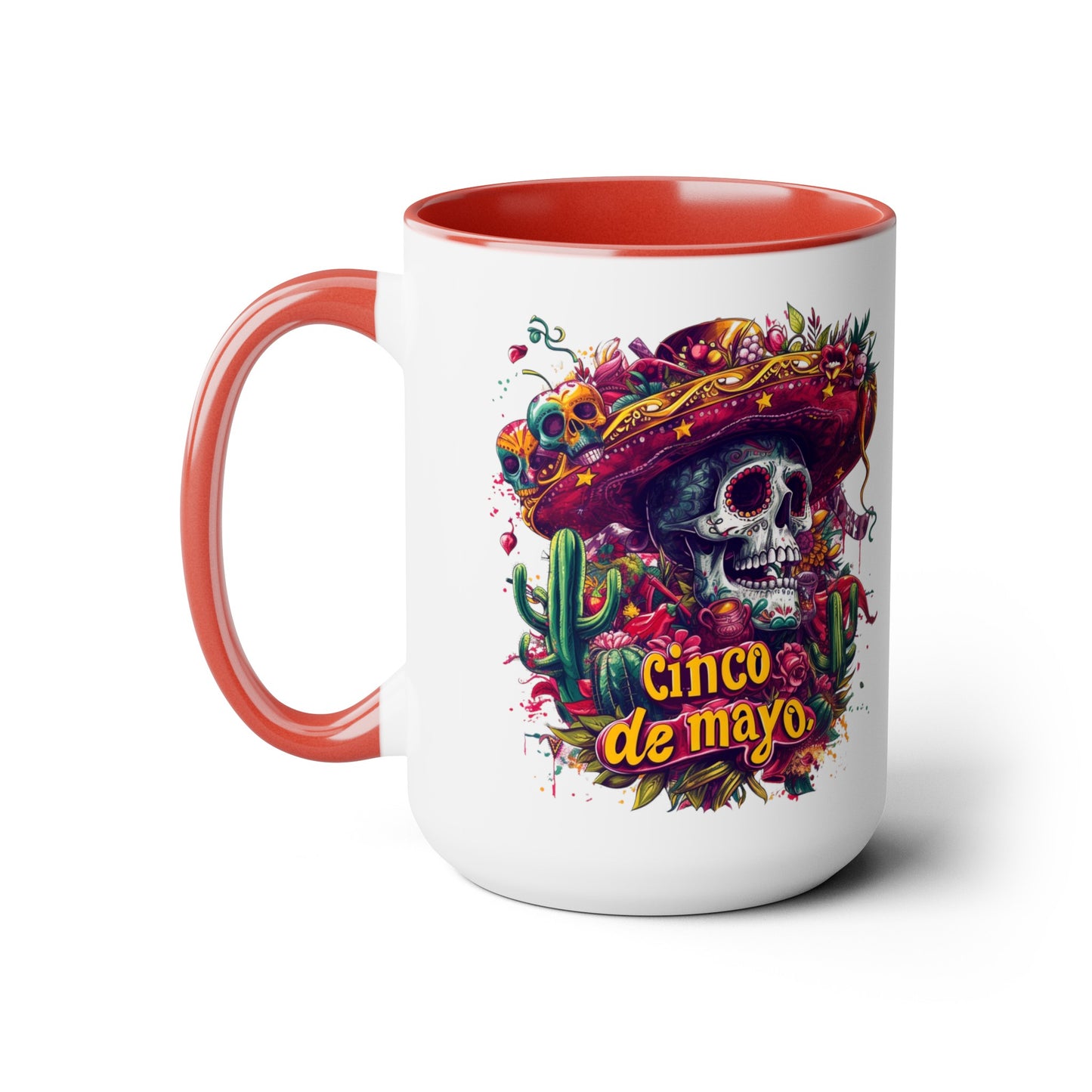 Festive Skull Design Cinco de Mayo Mug - Day of the Dead Inspired, Colorful Decorated Skull Mug for Cinco de Mayo - 15 oz. Capacity