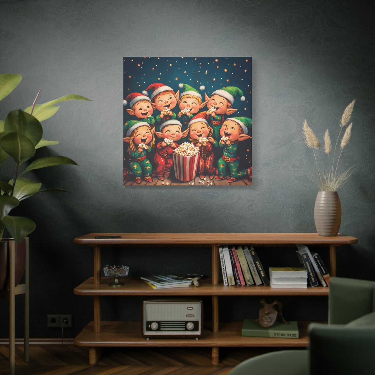 Vibrant Holiday Canvas Art: Elves in Pajamas Sharing Popcorn Magic, Cheerful Elves Enjoying a Cozy Christmas Sleepover, Colorful Wall Art