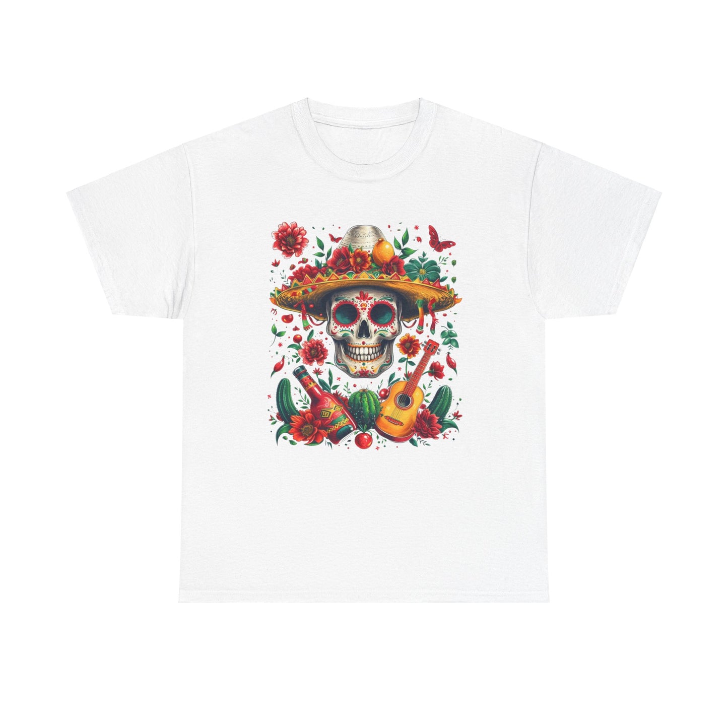 Celebrate Dia de los Muertos in Style with this Vibrant Skull and Sombrero Tee - Unique Statement Shirt