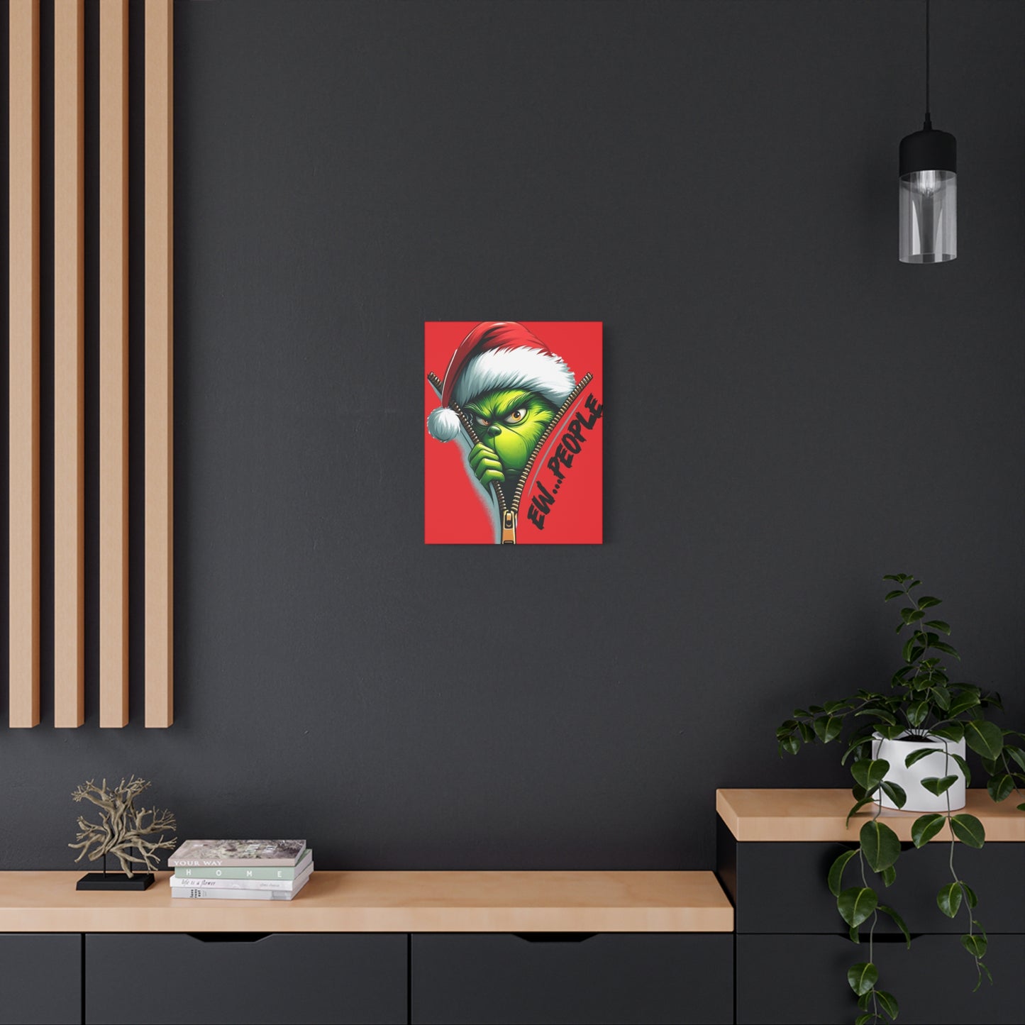 Red Grinch Canvas Art: 'Ewww People' Zipper Design for Fun Decor, Playful Grinch Canvas Wall Art - 'Ewww People' 3D Zipper Design