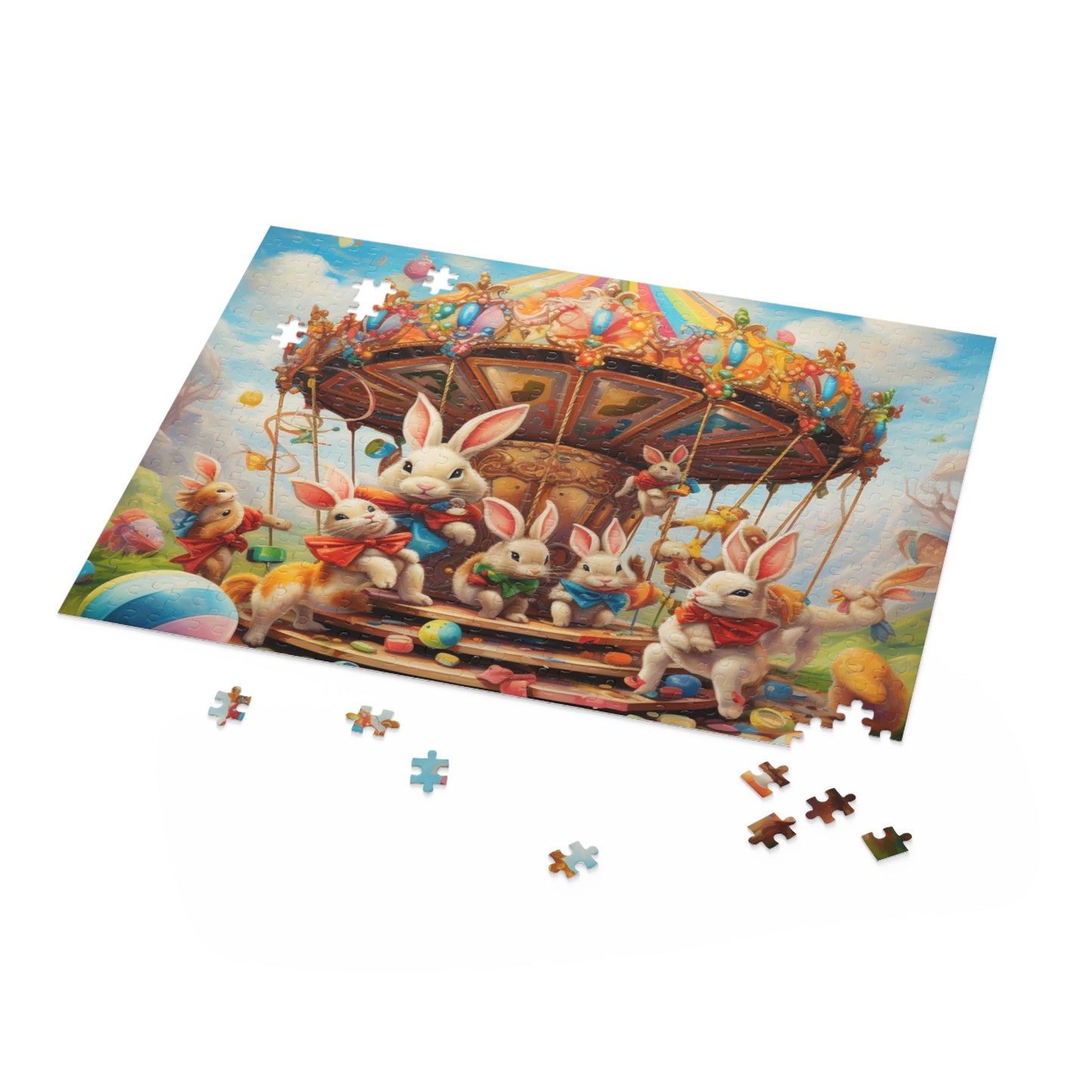 Easter Bunny Carousel Puzzle, Easter Eggs Bunny Jigsaw Puzzle (120, 252, 500-Piece) Family Puzzles, Kids Puzzle, Easter Gifts, Easter Decor