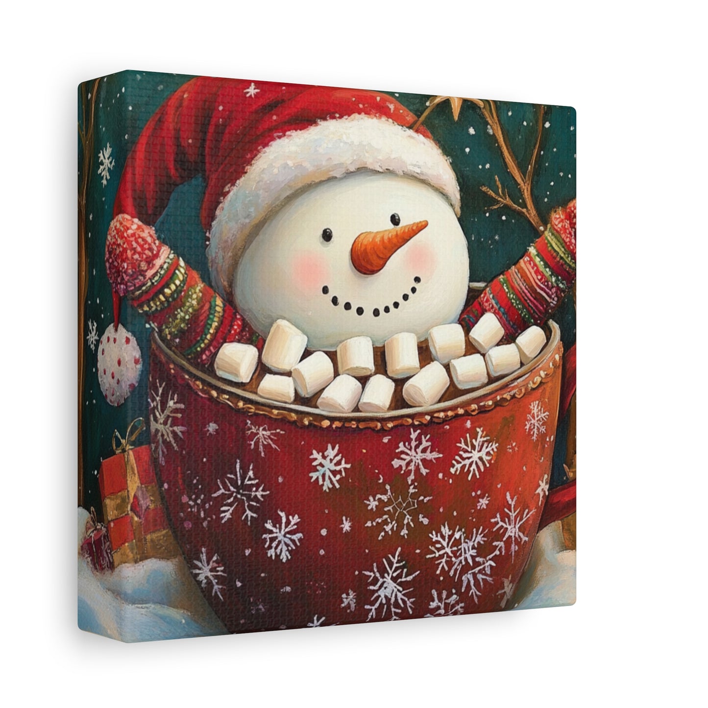 Cute Snowman Wall Art - Cozy Cocoa and Marshmallows Holiday Print, Joyful Christmas Canvas - Snowman Sipping Cocoa with Marshmallows